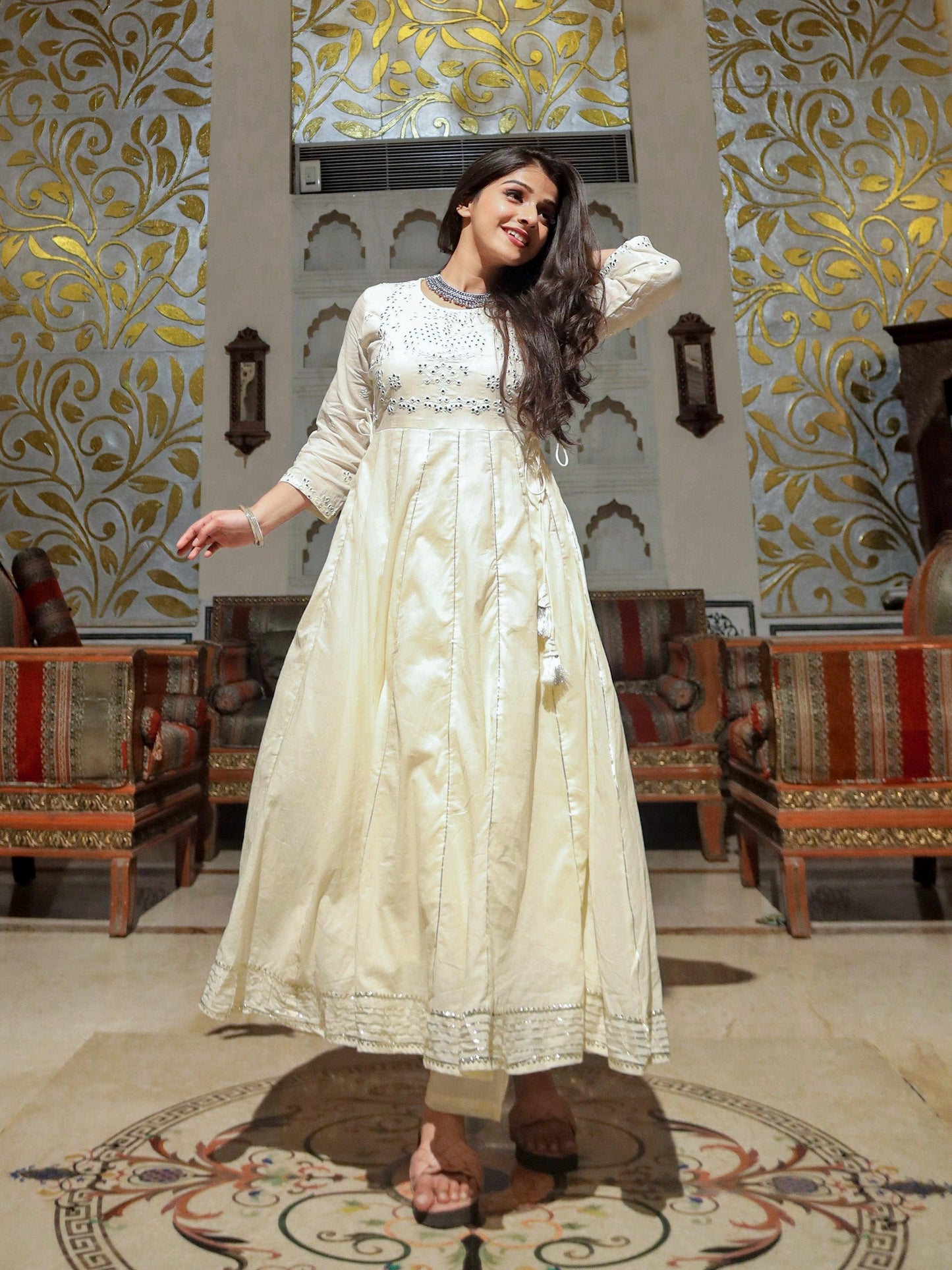 Jamal Jamaloo Off White Cotton Anarkali kurta Pant Set - Jamal Jamalooworld.com