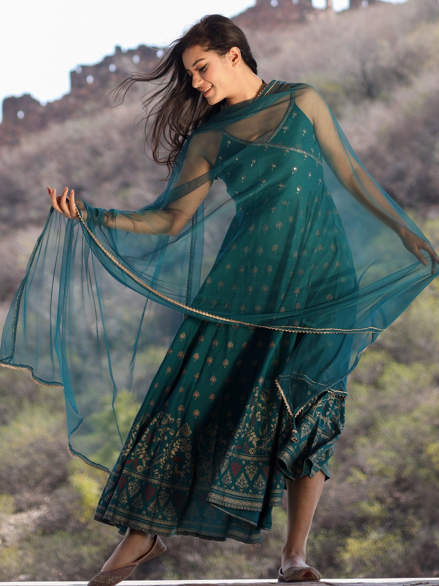 Jamal Jamaloo Rama green Rayon Shoulder Strip Anarkali Kurta with Net Dupatta - Jamal Jamalooworld.com