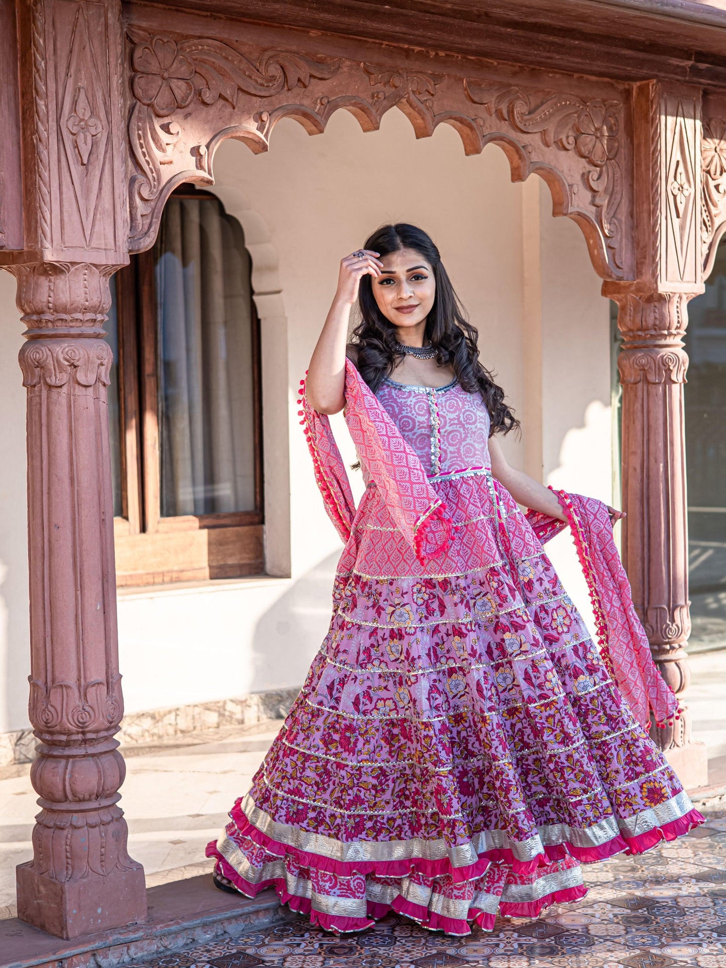 Jamal Jamaloo Pink Cotton Sleeves less Anarkali Sharara set with Dupatta - Jamal Jamalooworld.com