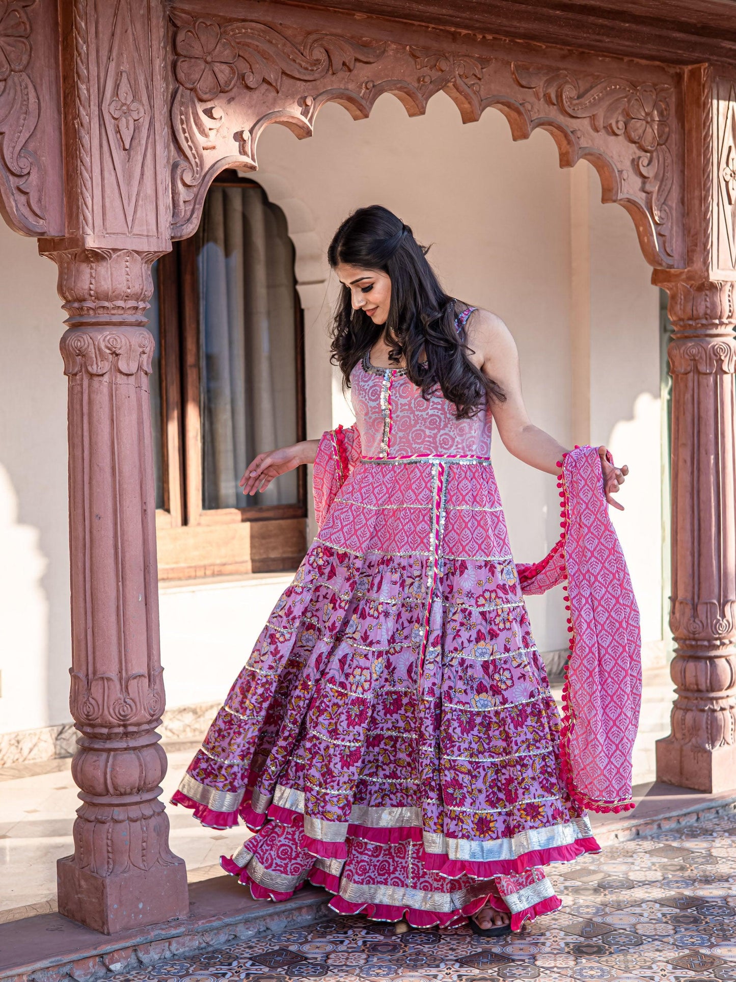 Jamal Jamaloo Pink Cotton Sleeves less Anarkali Sharara set with Dupatta - Jamal Jamalooworld.com
