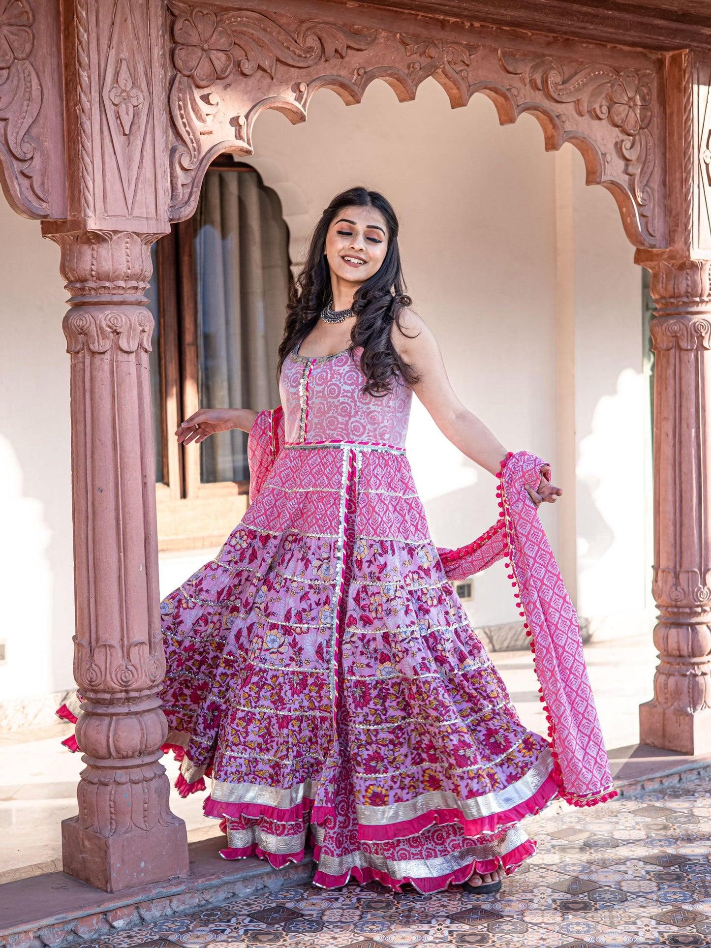 Jamal Jamaloo Pink Cotton Sleeves less Anarkali Sharara set with Dupatta - Jamal Jamalooworld.com