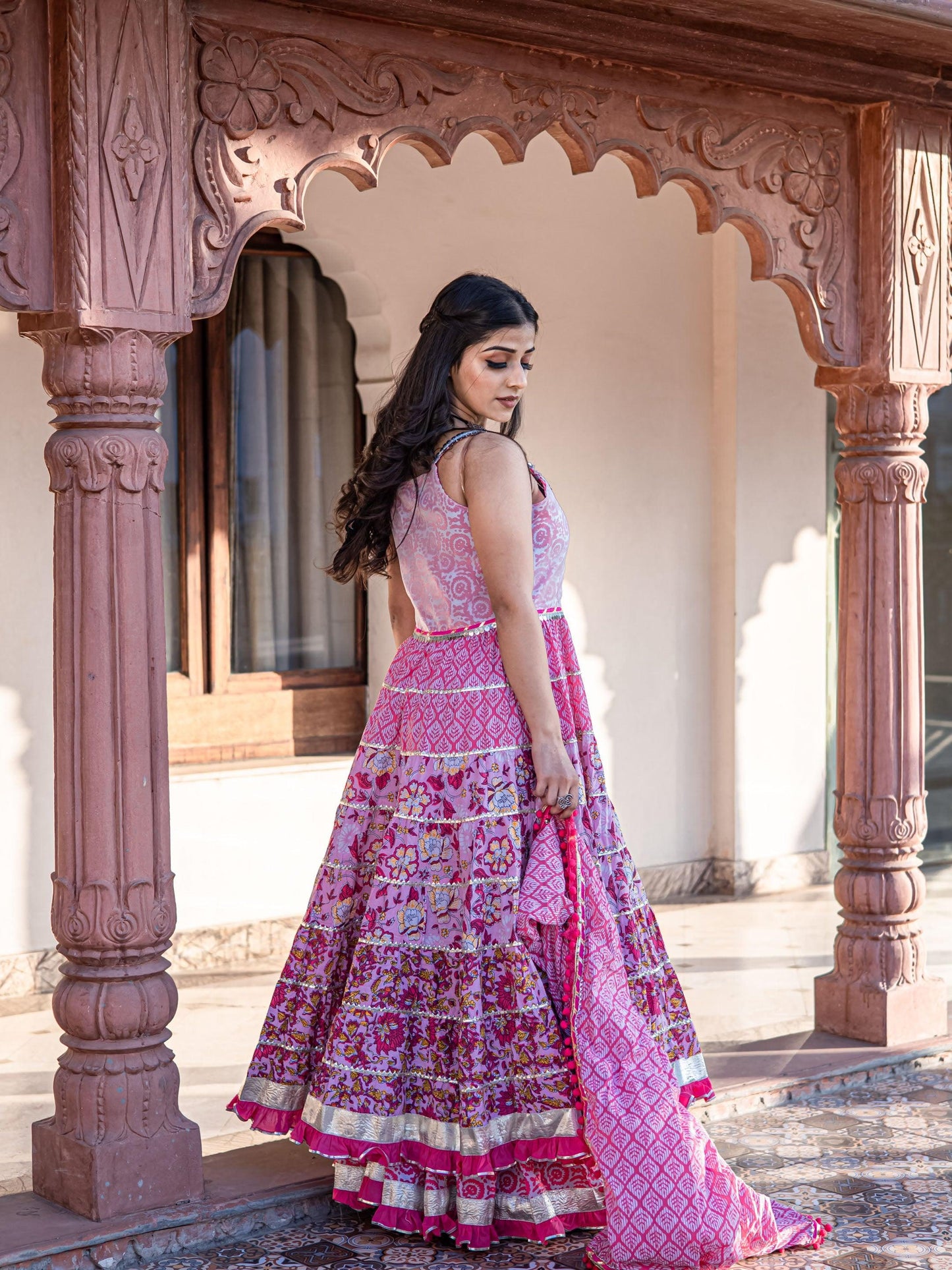 Jamal Jamaloo Pink Cotton Sleeves less Anarkali Sharara set with Dupatta - Jamal Jamalooworld.com