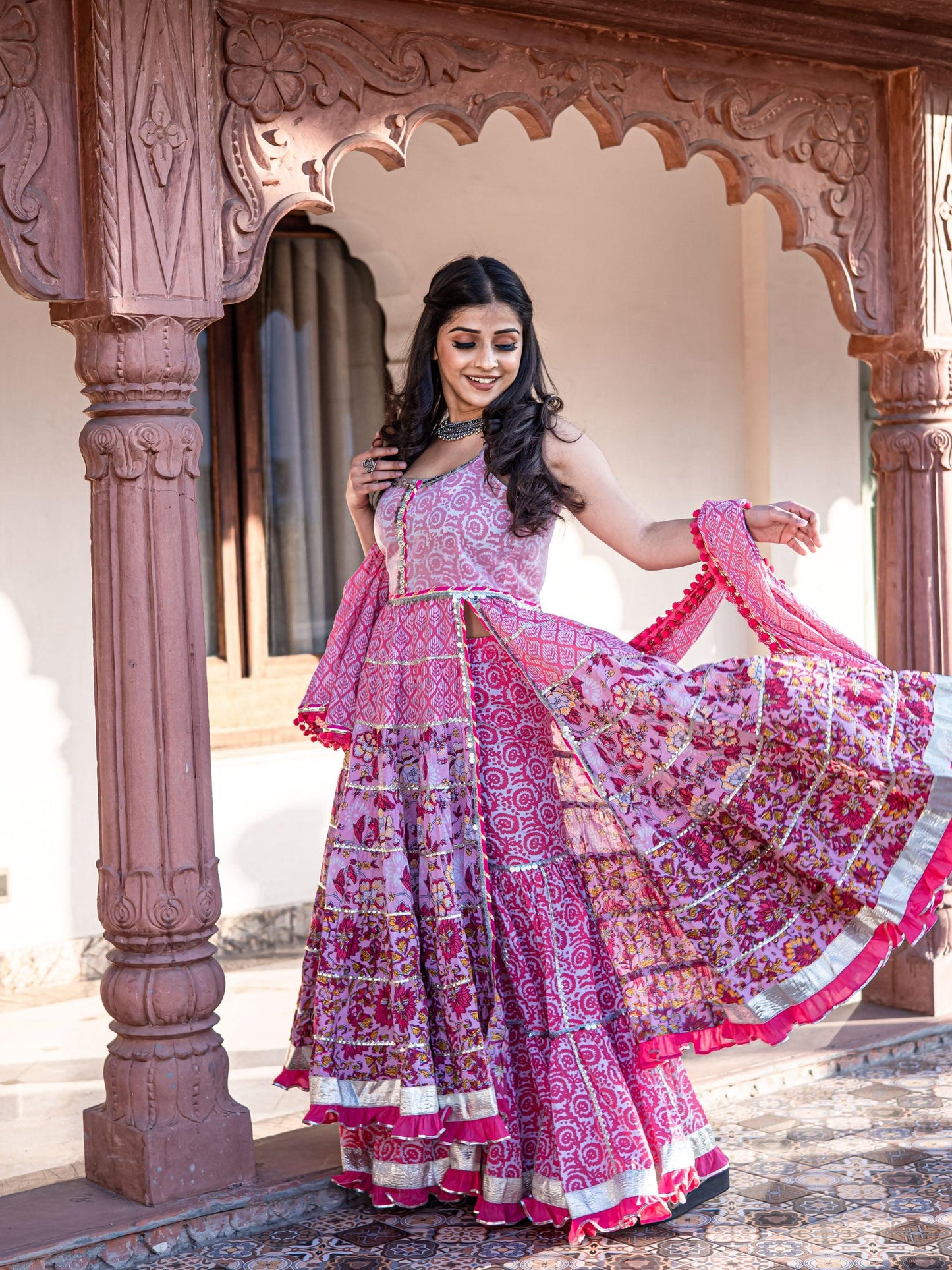 Jamal Jamaloo Pink Cotton Sleeves less Anarkali Sharara set with Dupatta - Jamal Jamalooworld.com