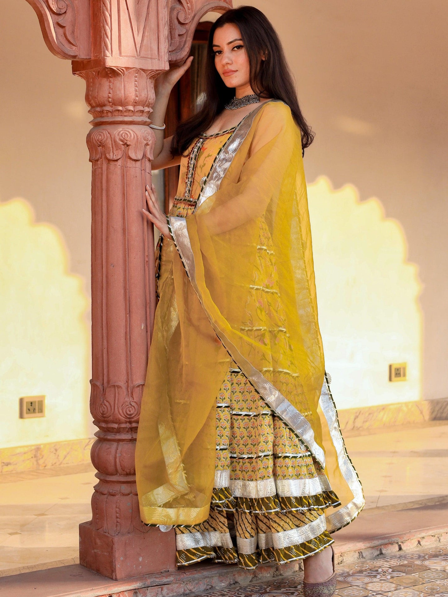 Jamal Jamaloo Yellow Cotton Sleeves less anarkali Skirt Set With Dupatta - Jamal Jamalooworld.com