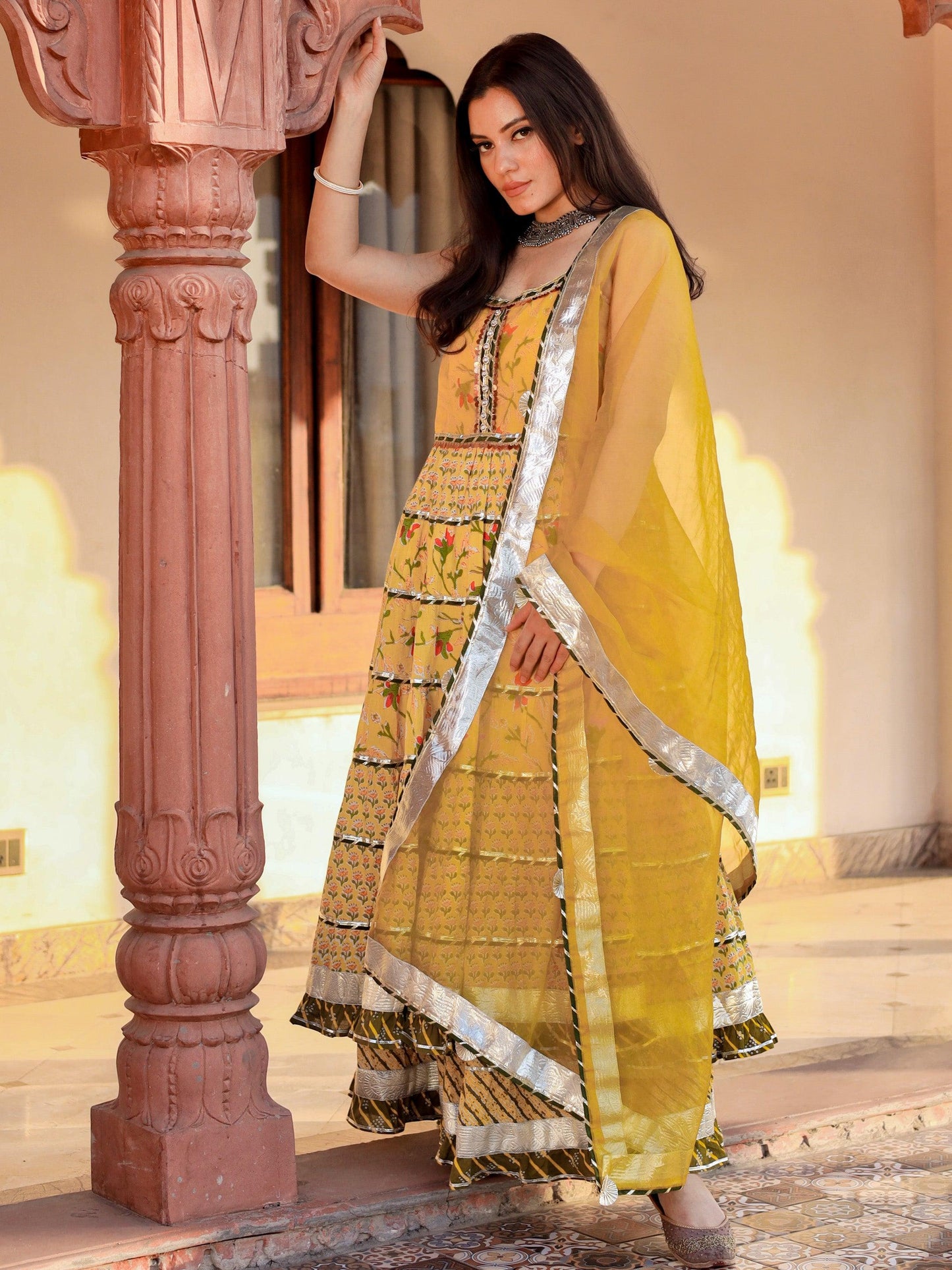 Jamal Jamaloo Yellow Cotton Sleeves less anarkali Skirt Set With Dupatta - Jamal Jamalooworld.com