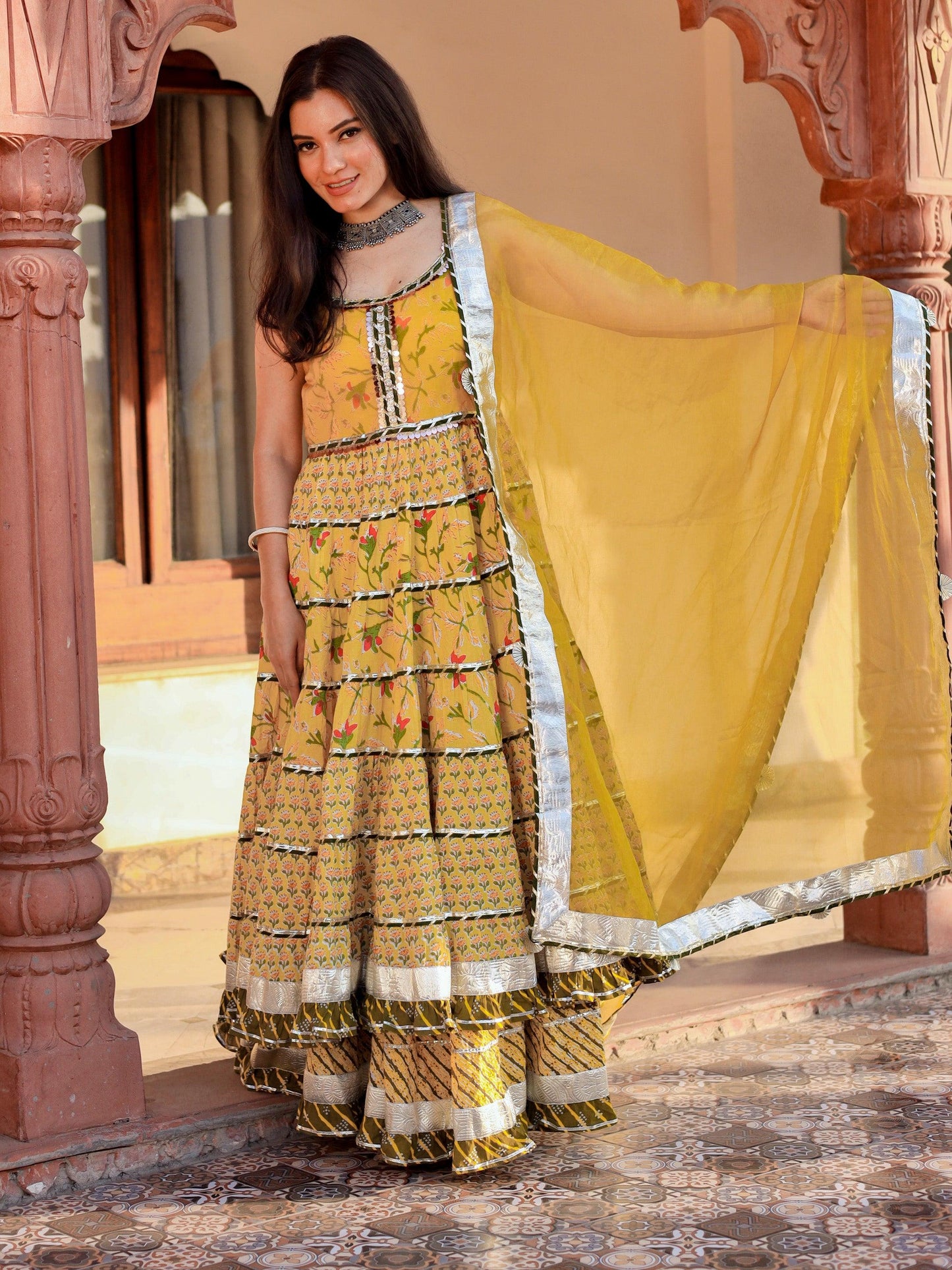Jamal Jamaloo Yellow Cotton Sleeves less anarkali Skirt Set With Dupatta - Jamal Jamalooworld.com