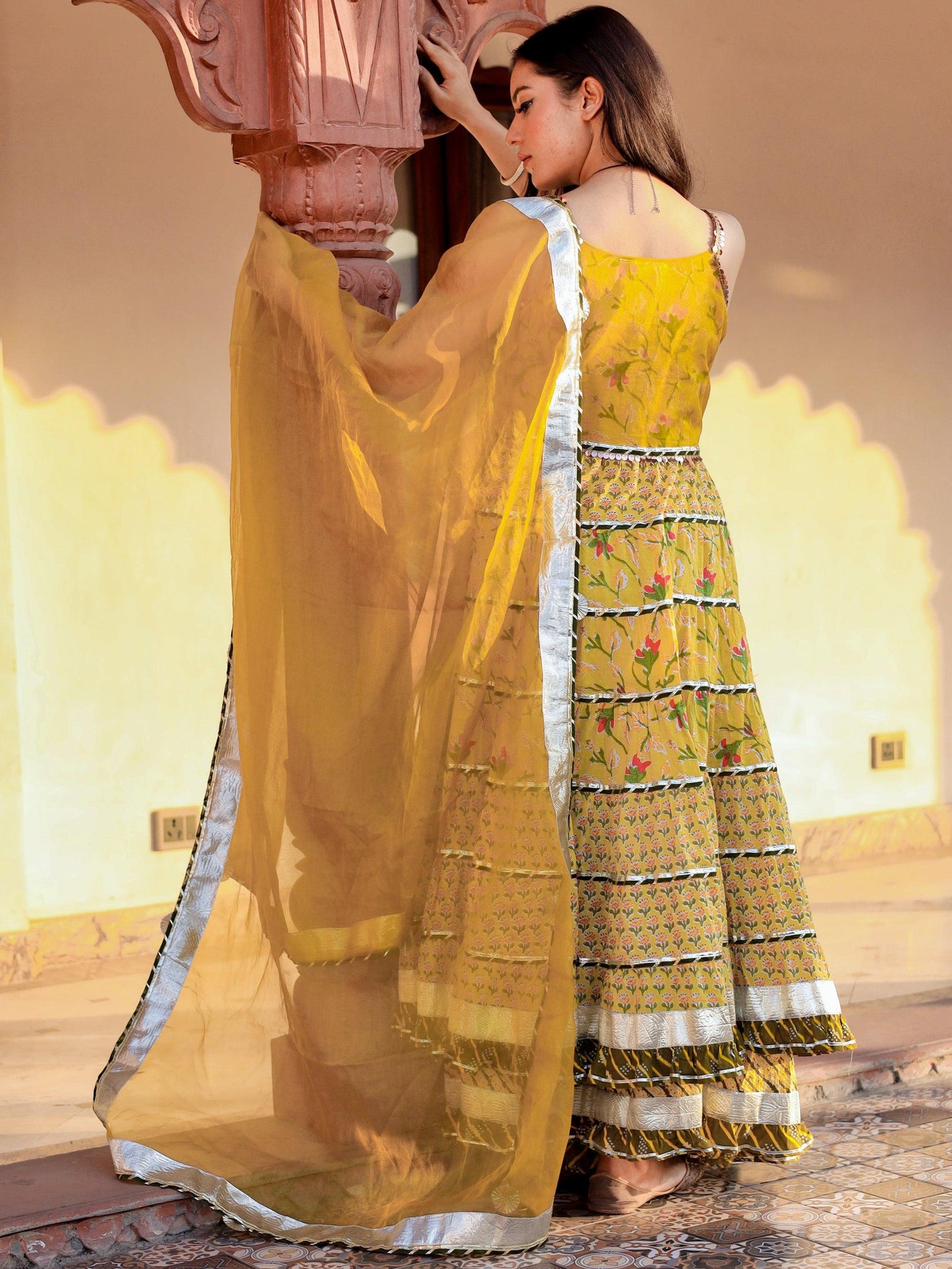 Jamal Jamaloo Yellow Cotton Sleeves less anarkali Skirt Set With Dupatta - Jamal Jamalooworld.com