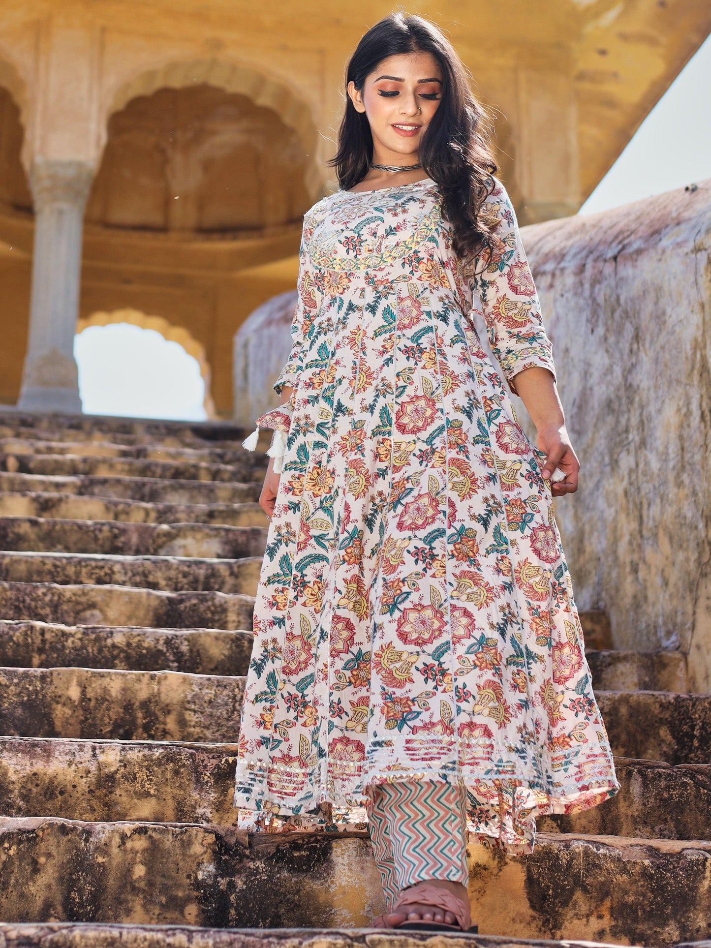 Jamal Jamaloo Off white Cotton Anarkali Kurta Pant Set - Jamal Jamalooworld.com