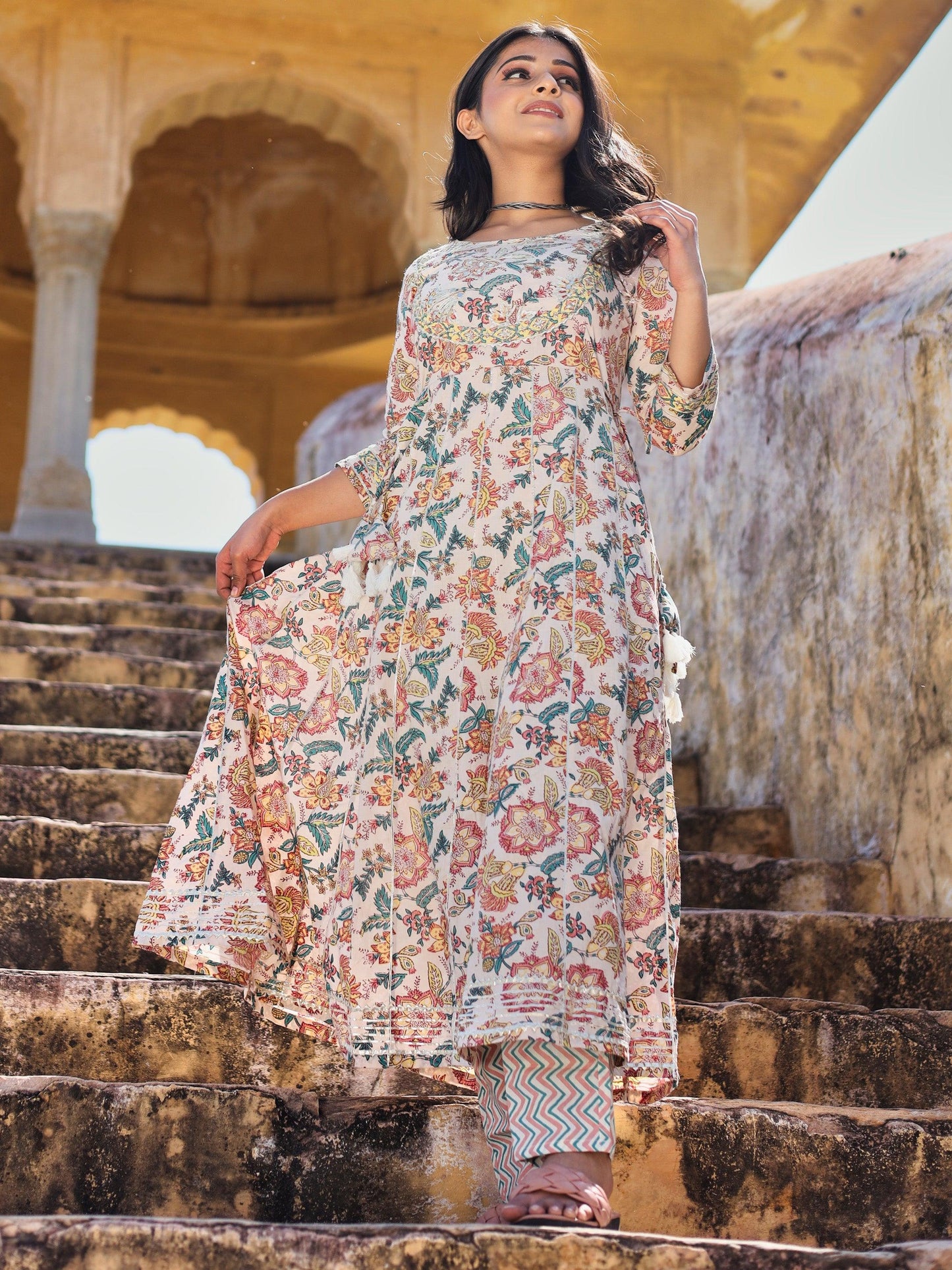 Jamal Jamaloo Off white Cotton Anarkali Kurta Pant Set - Jamal Jamalooworld.com