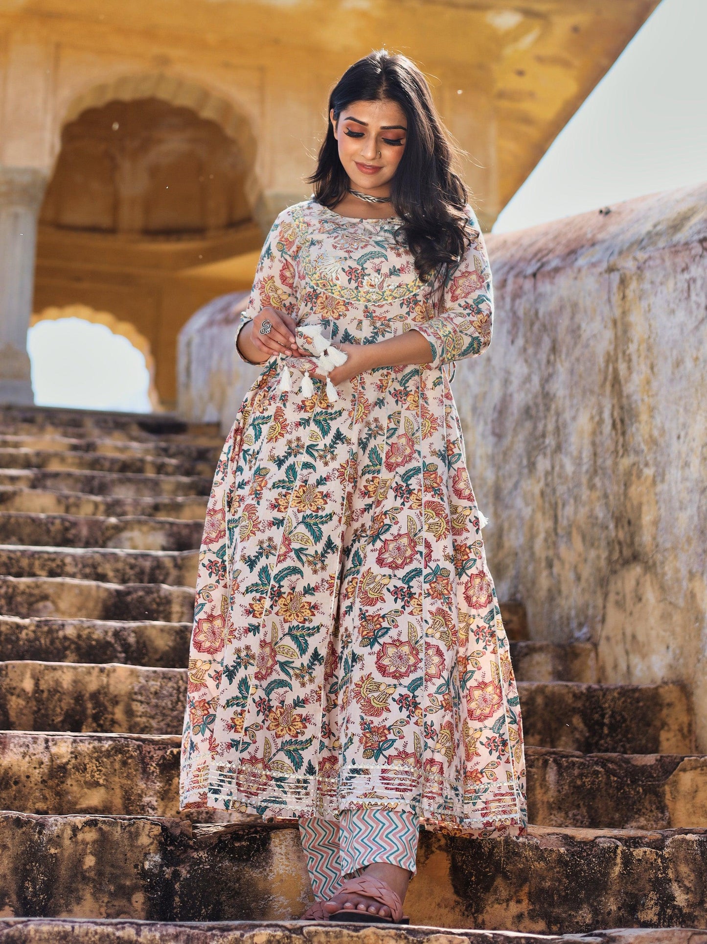 Jamal Jamaloo Off white Cotton Anarkali Kurta Pant Set - Jamal Jamalooworld.com