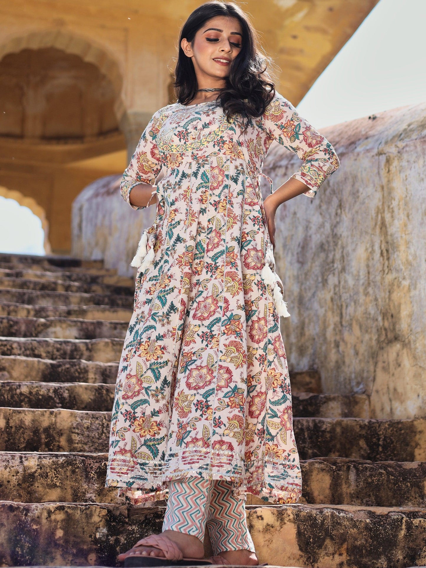 Jamal Jamaloo Off white Cotton Anarkali Kurta Pant Set - Jamal Jamalooworld.com
