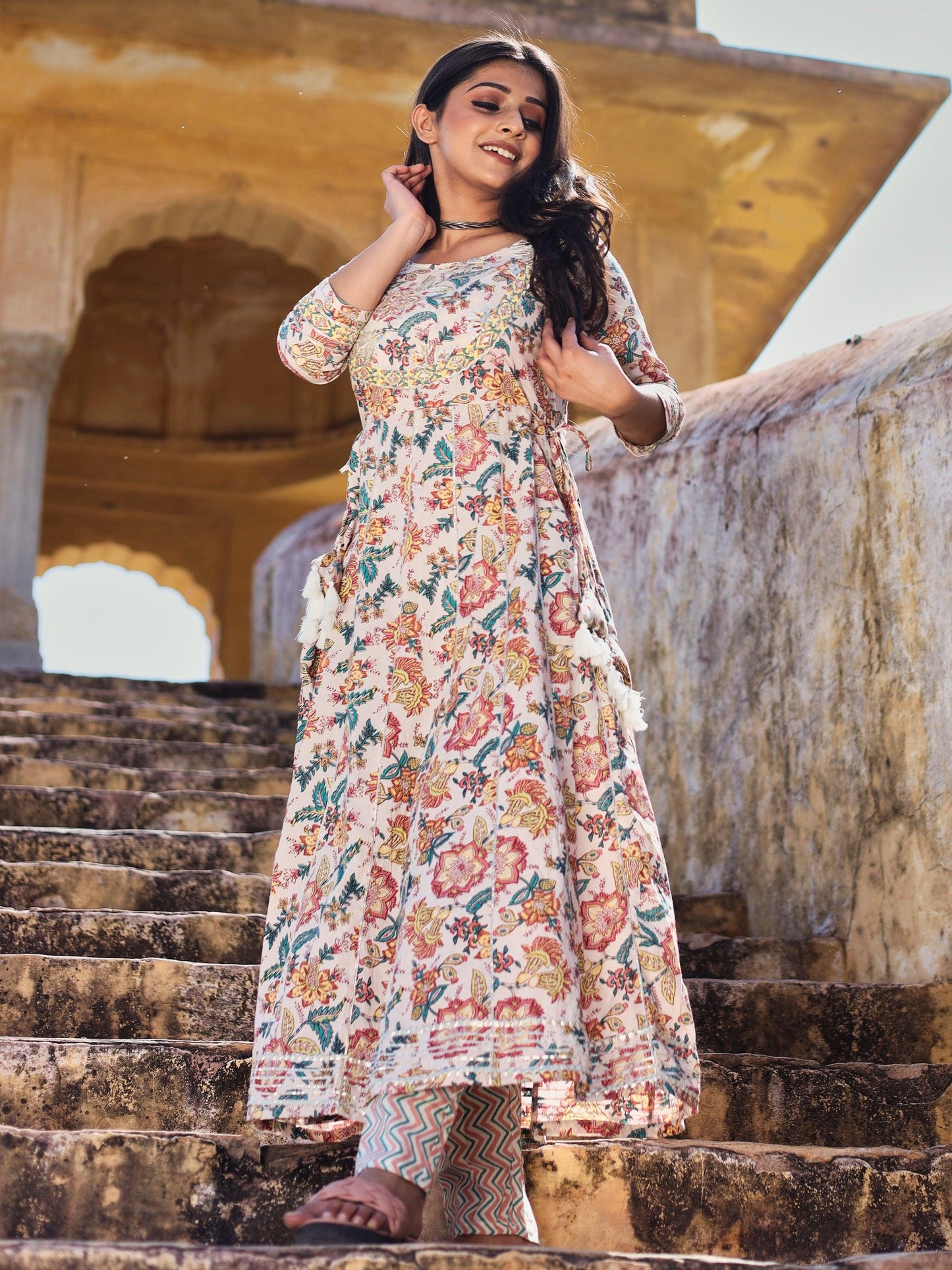 Jamal Jamaloo Off white Cotton Anarkali Kurta Pant Set - Jamal Jamalooworld.com