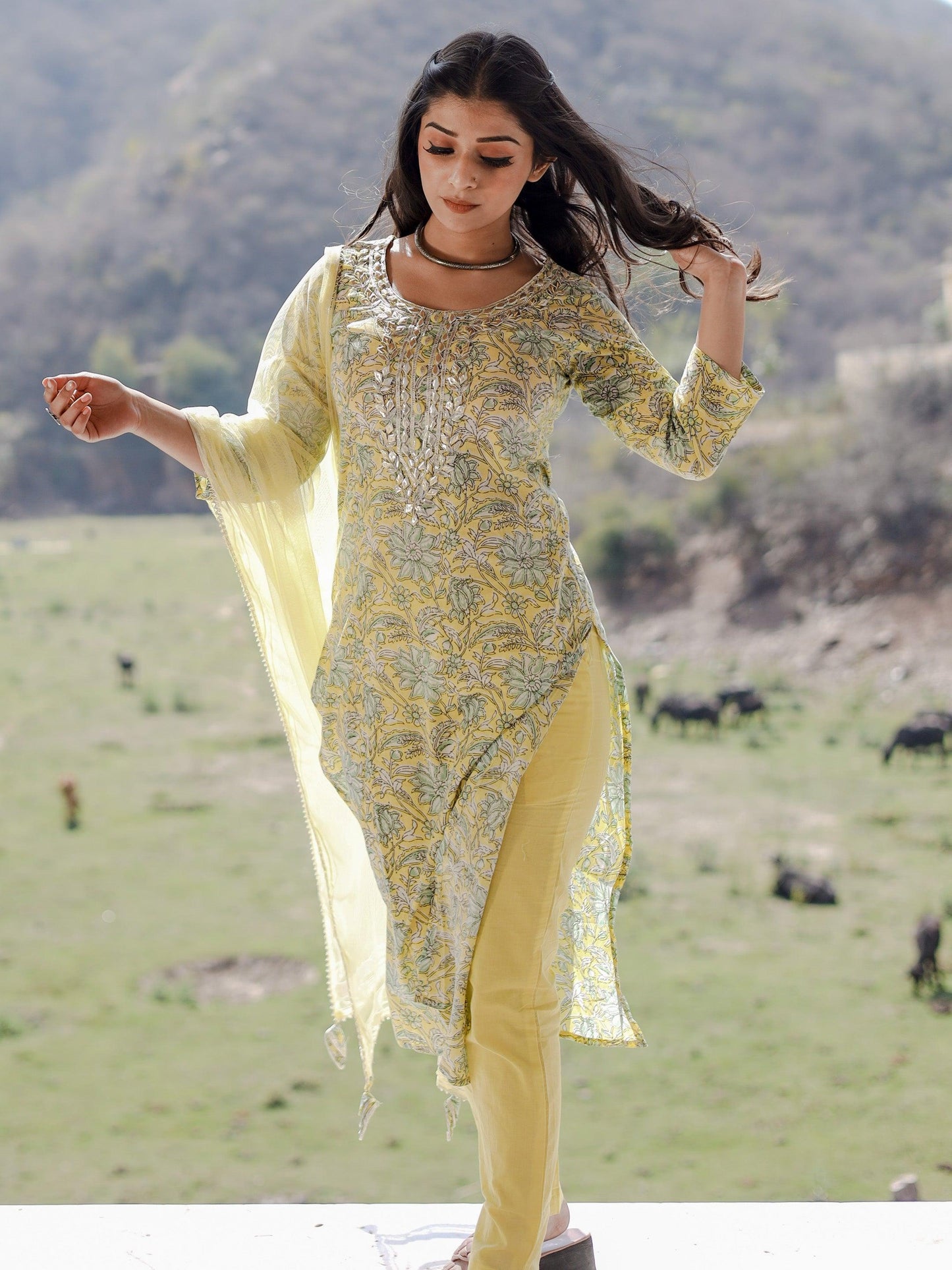 Jamal Jamaloo yellow Cotton Straight Kurta pant set with dupatta - Jamal Jamalooworld.com