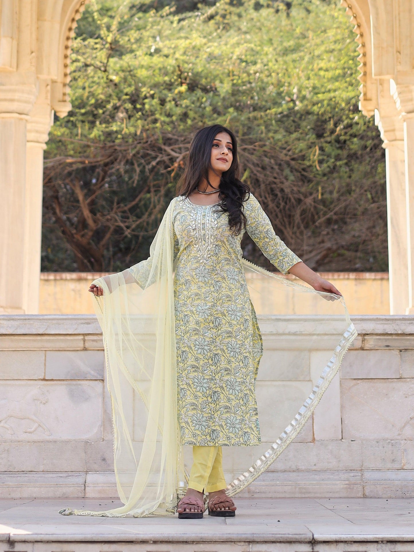 Jamal Jamaloo yellow Cotton Straight Kurta pant set with dupatta - Jamal Jamalooworld.com