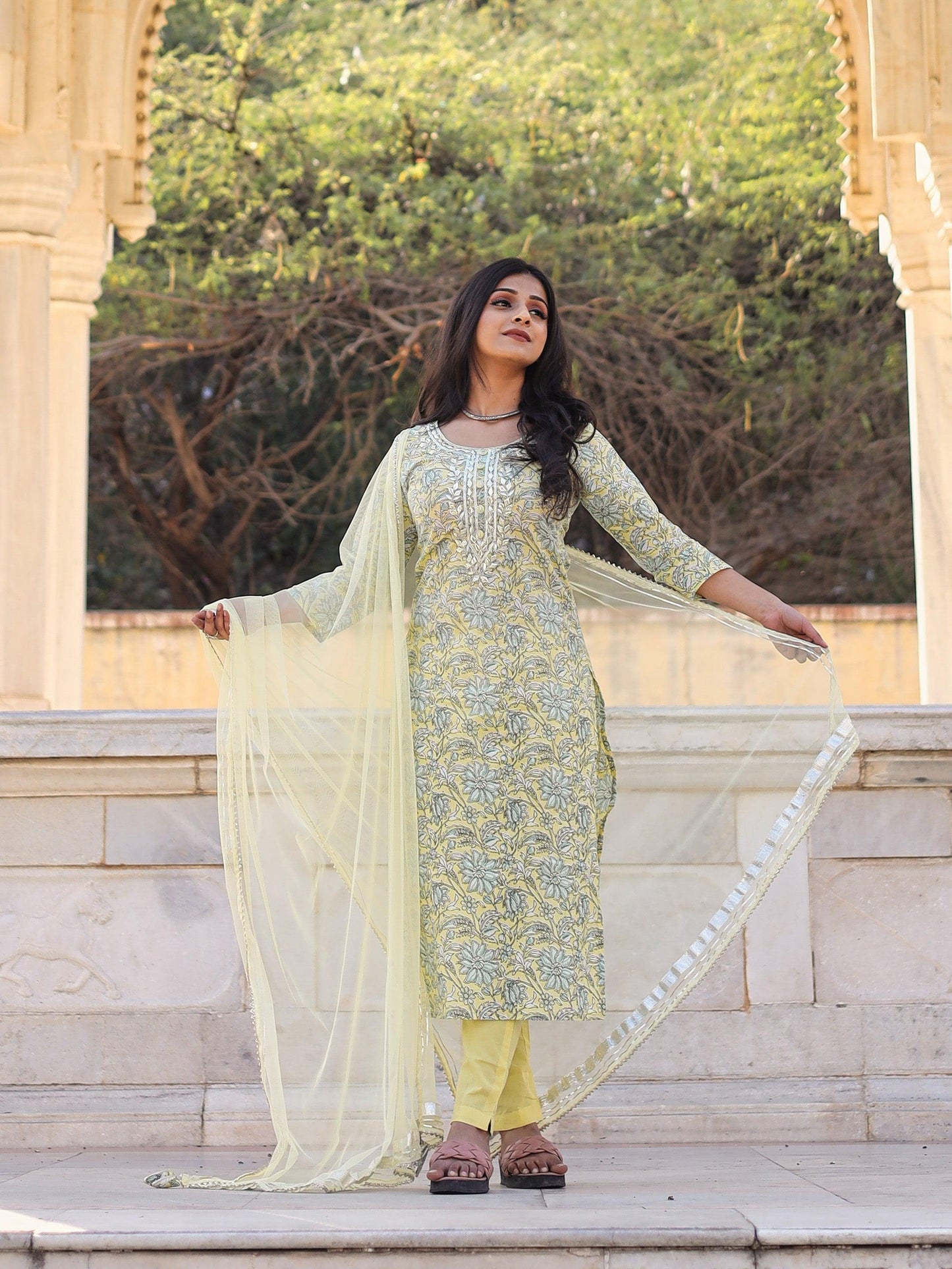 Jamal Jamaloo yellow Cotton Straight Kurta pant set with dupatta - Jamal Jamalooworld.com