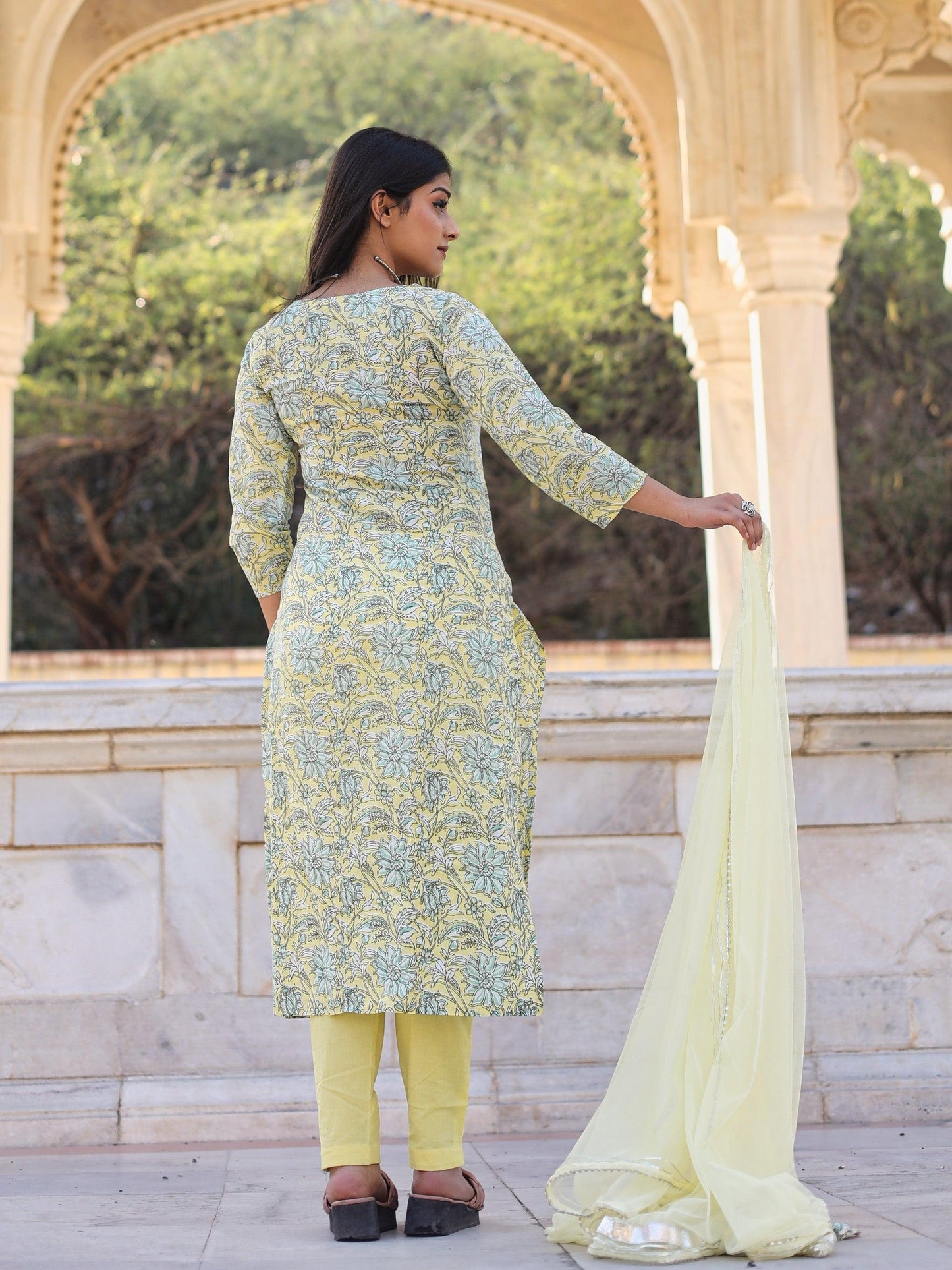 Jamal Jamaloo yellow Cotton Straight Kurta pant set with dupatta - Jamal Jamalooworld.com