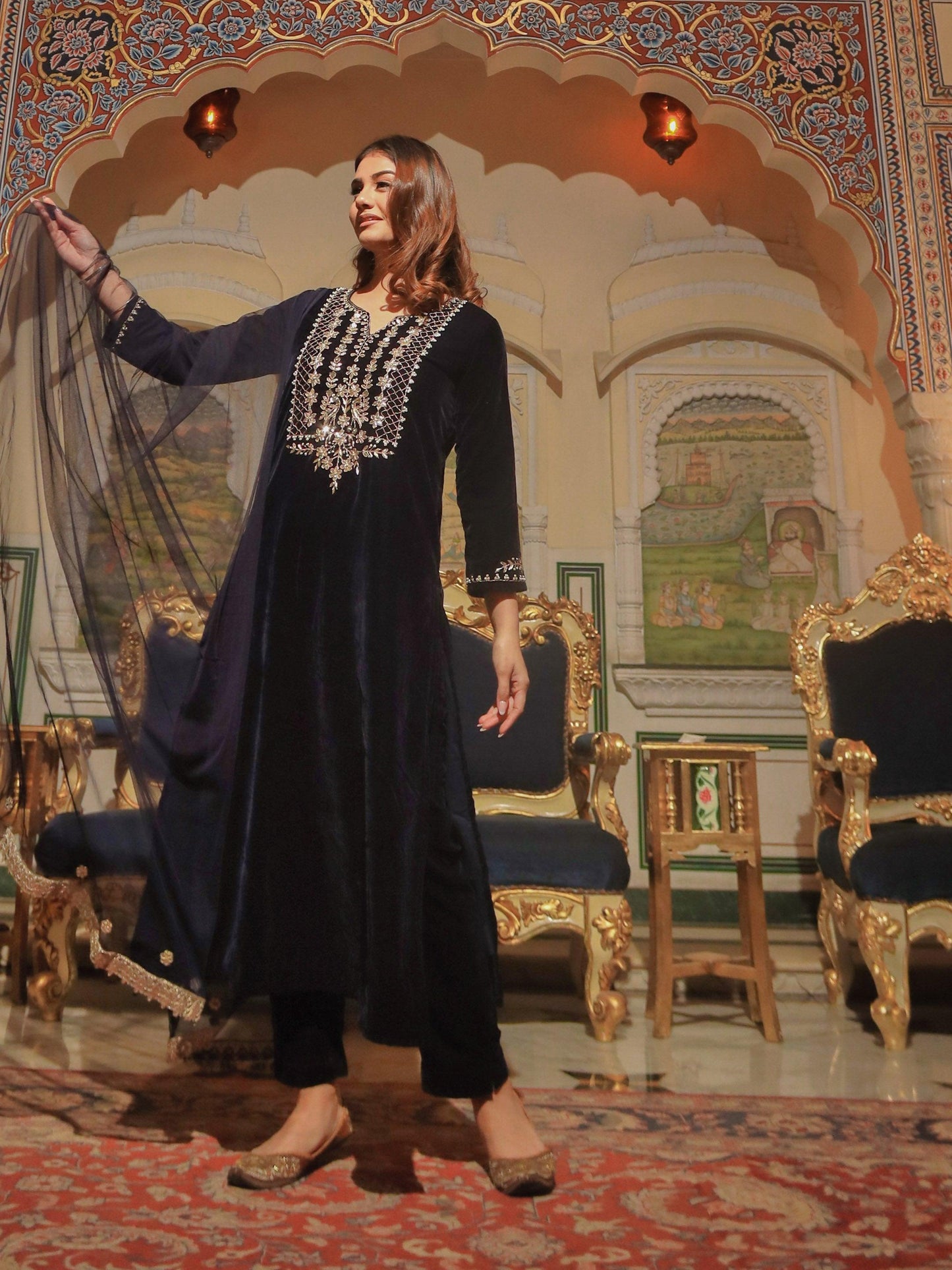 Jamal Jamaloo Royal Blue Velvet hand work Kurta pant With Net Dupatta set - Jamal Jamalooworld.com