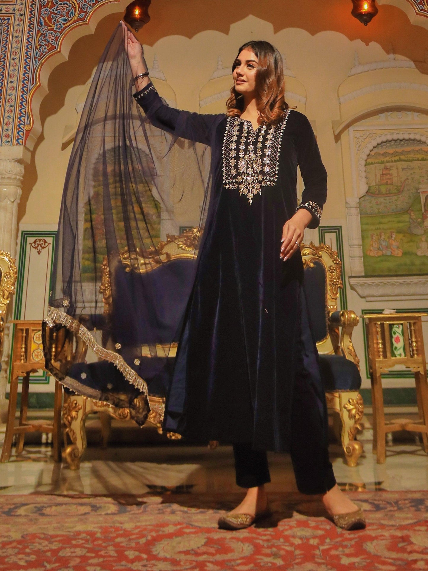Jamal Jamaloo Royal Blue Velvet hand work Kurta pant With Net Dupatta set - Jamal Jamalooworld.com