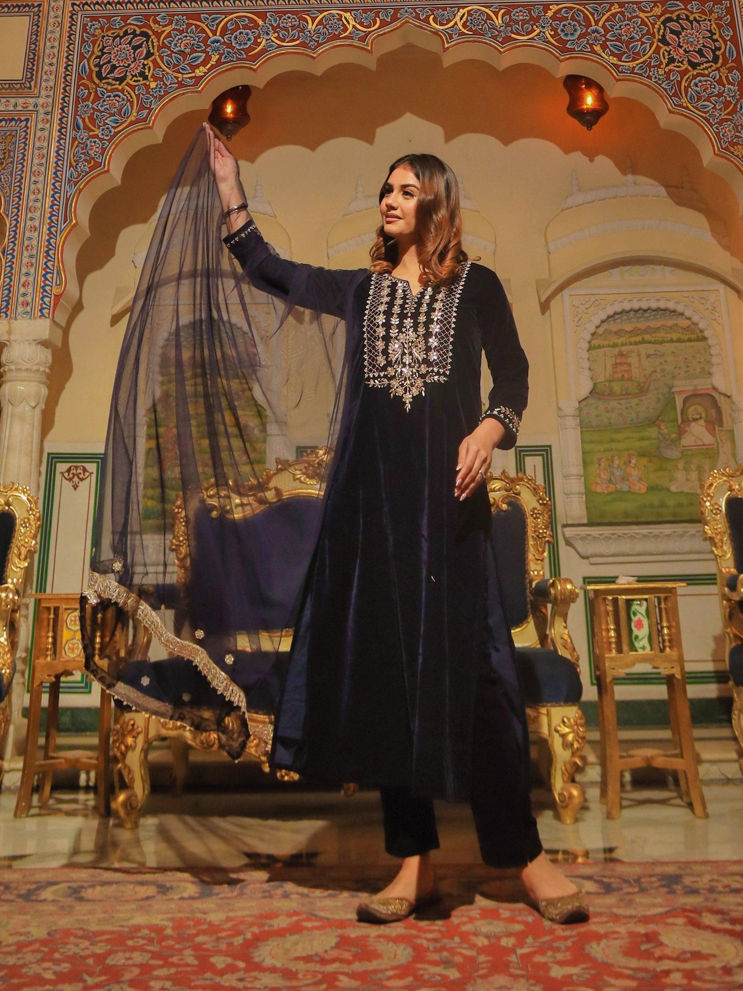 Jamal Jamaloo Royal Blue Velvet hand work Kurta pant With Net Dupatta set - Jamal Jamalooworld.com