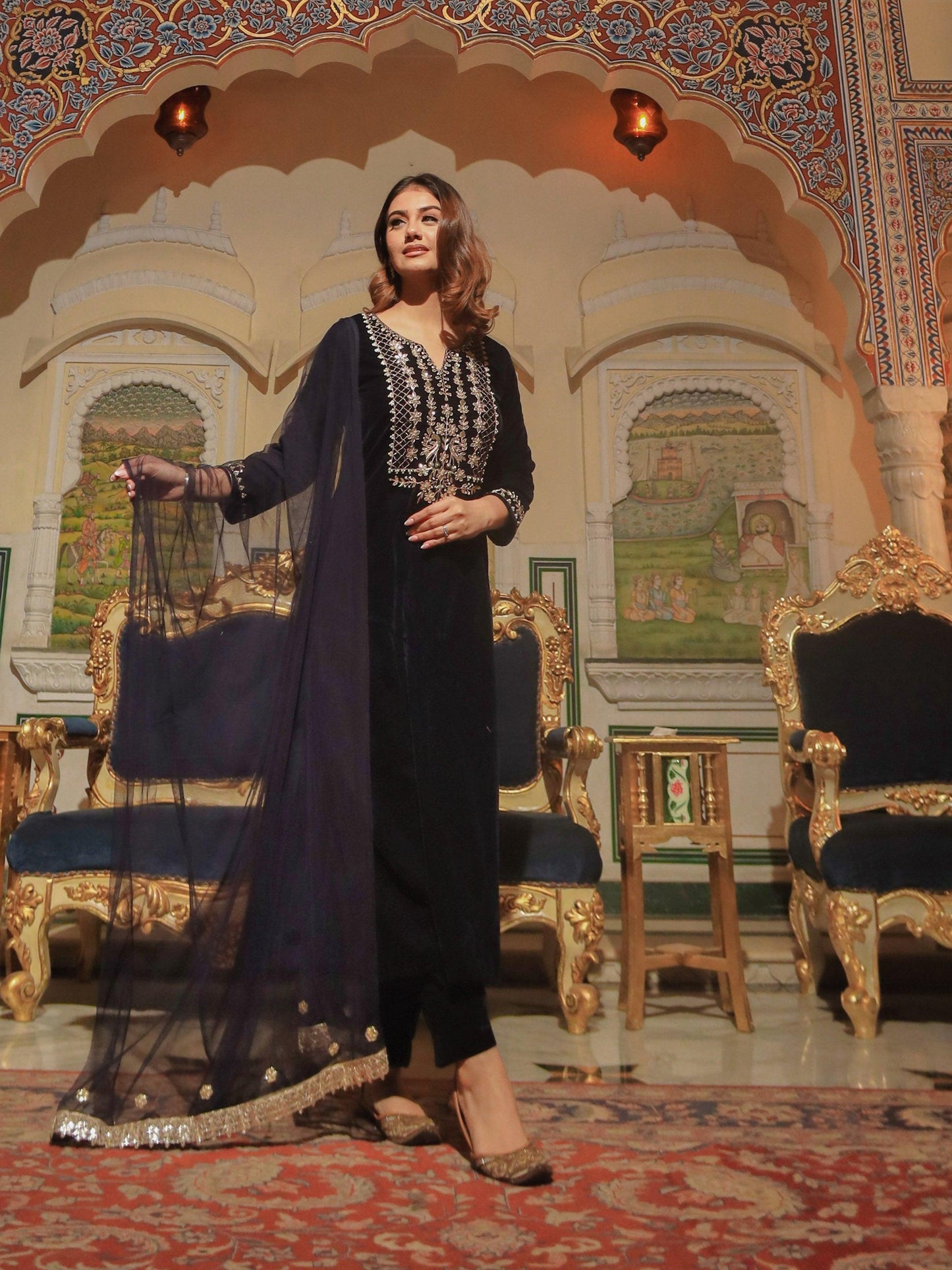 Jamal Jamaloo Royal Blue Velvet hand work Kurta pant With Net Dupatta set - Jamal Jamalooworld.com