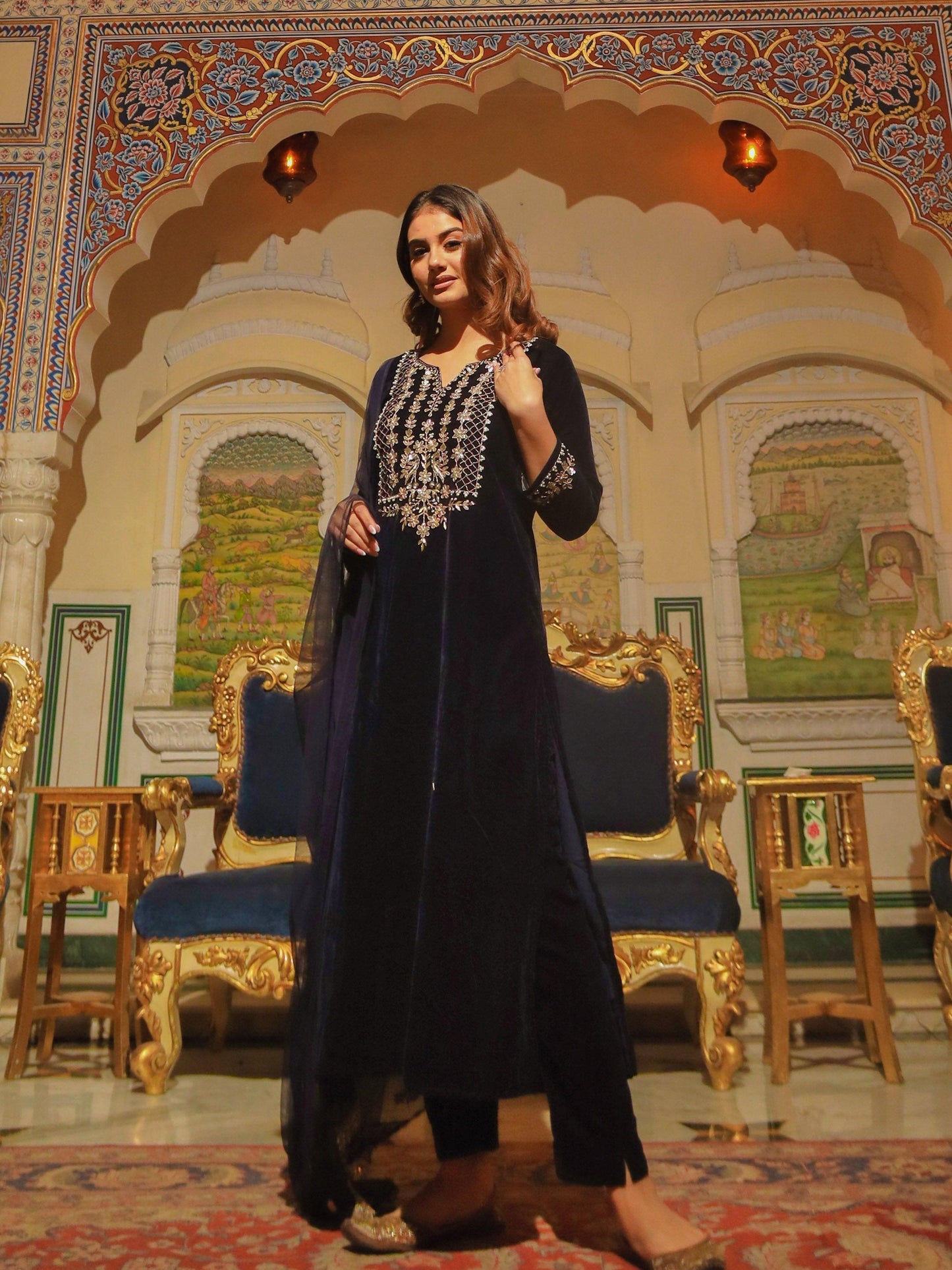 Jamal Jamaloo Royal Blue Velvet hand work Kurta pant With Net Dupatta set - Jamal Jamalooworld.com