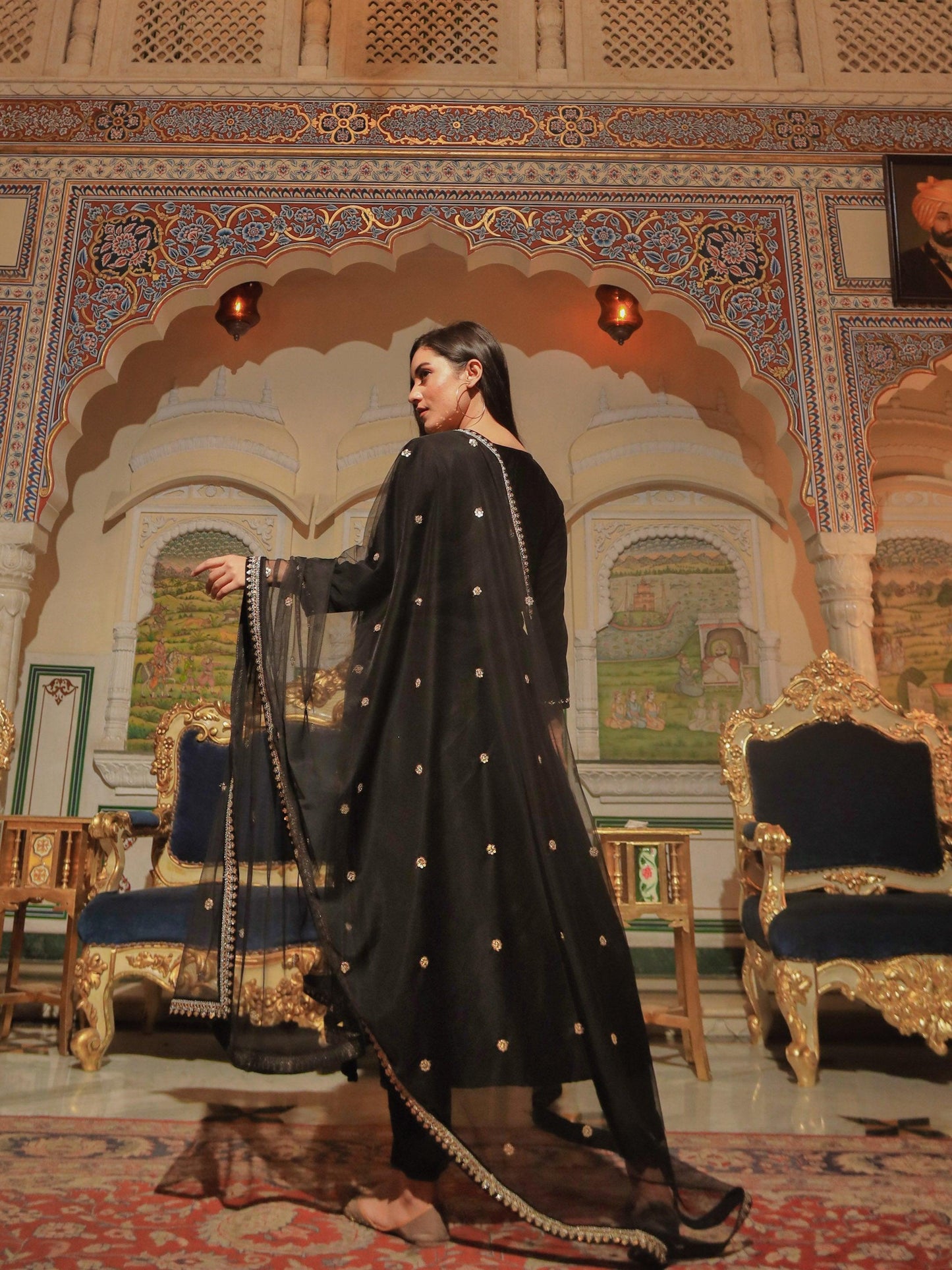 Jamal Jamaloo Black Velvet hand work Kurta pant With Net Dupatta set - Jamal Jamalooworld.com