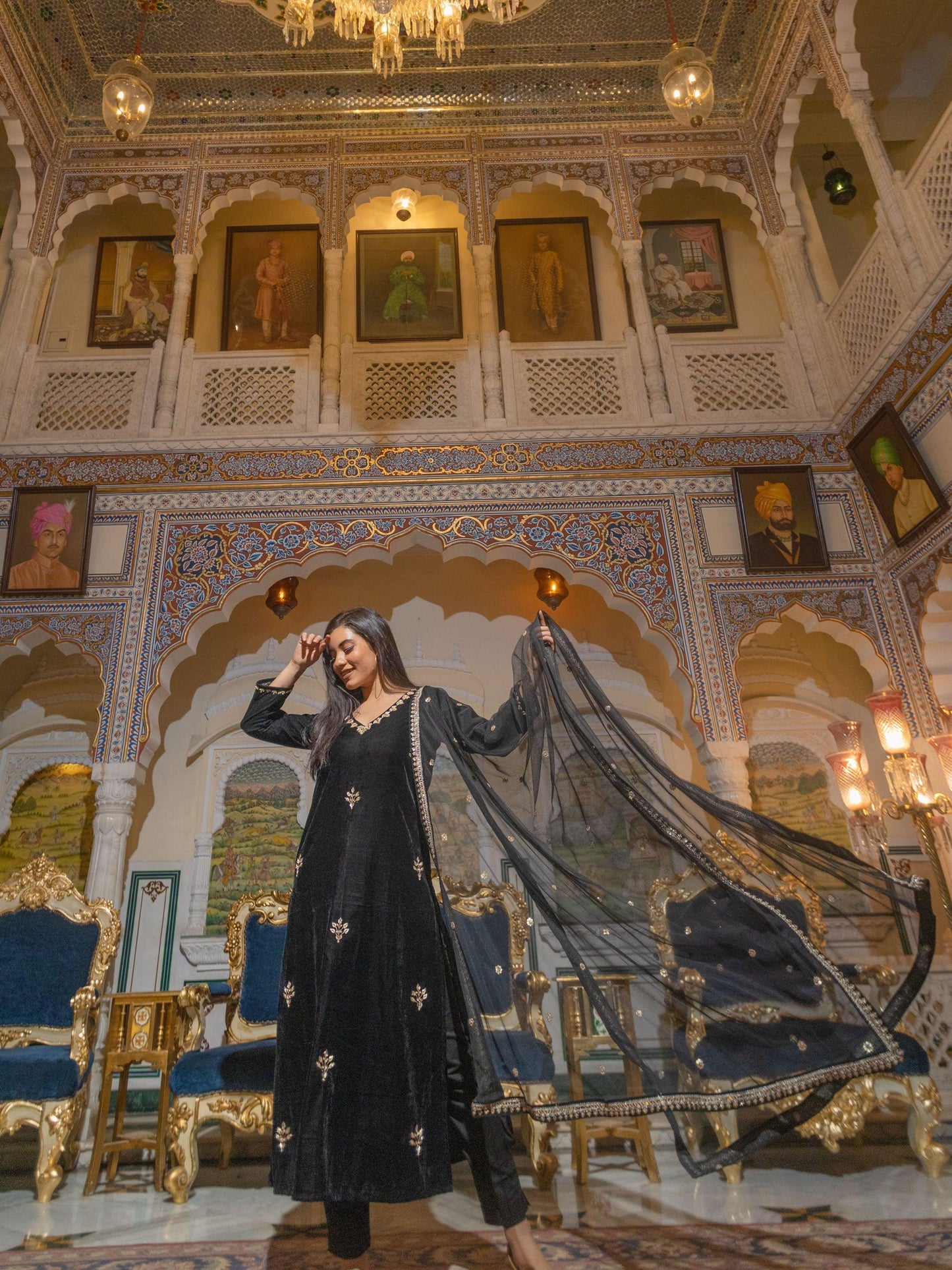 Jamal Jamaloo Black Velvet hand work Kurta pant With Net Dupatta set - Jamal Jamalooworld.com