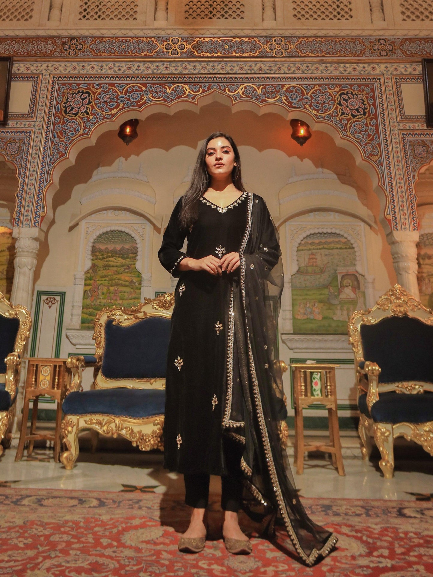Jamal Jamaloo Black Velvet hand work Kurta pant With Net Dupatta set - Jamal Jamalooworld.com