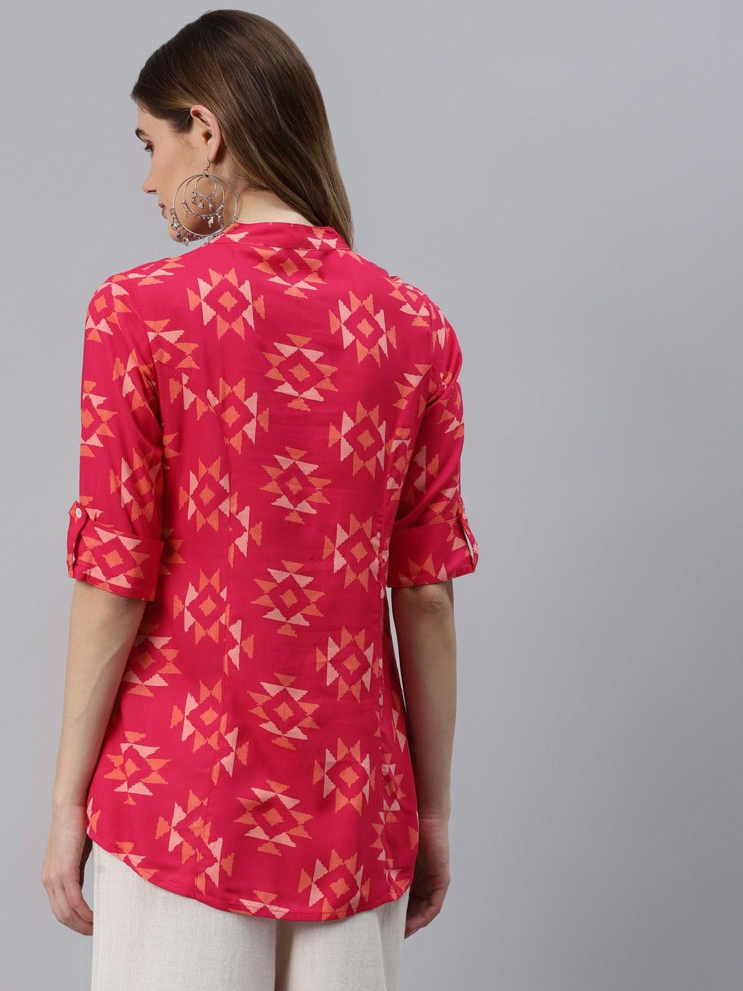 Jamal Jamaloo Pink Geometric Print Rayon Shirt Style Top - Jamal Jamaloo