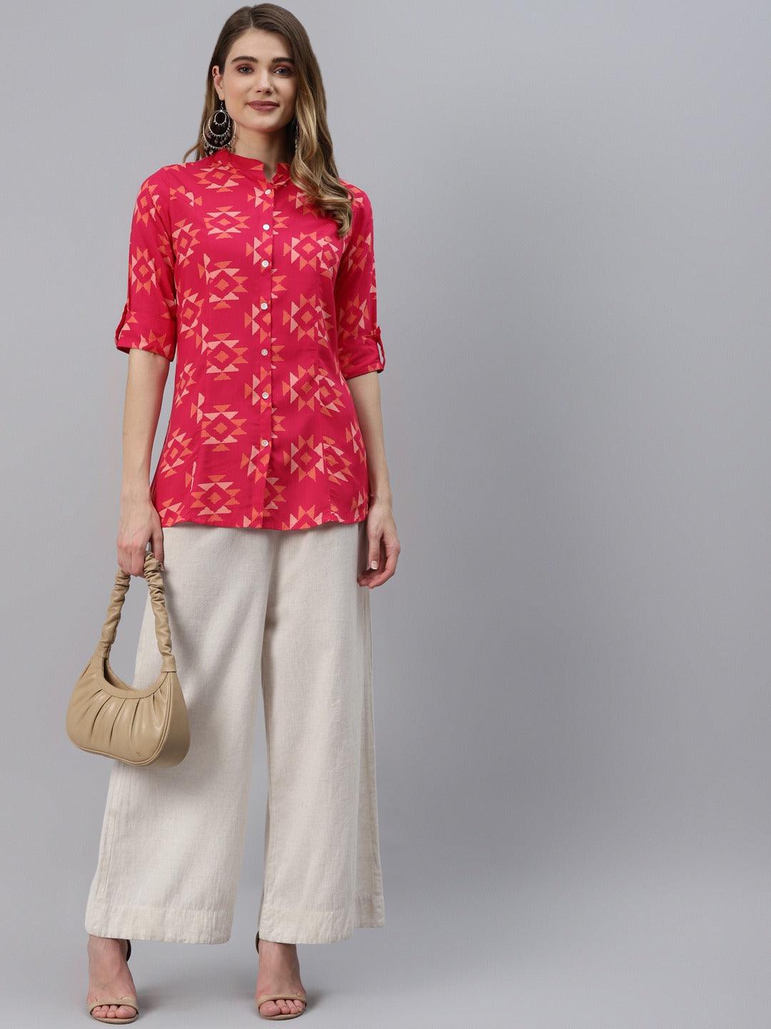 Jamal Jamaloo Pink Geometric Print Rayon Shirt Style Top - Jamal Jamaloo