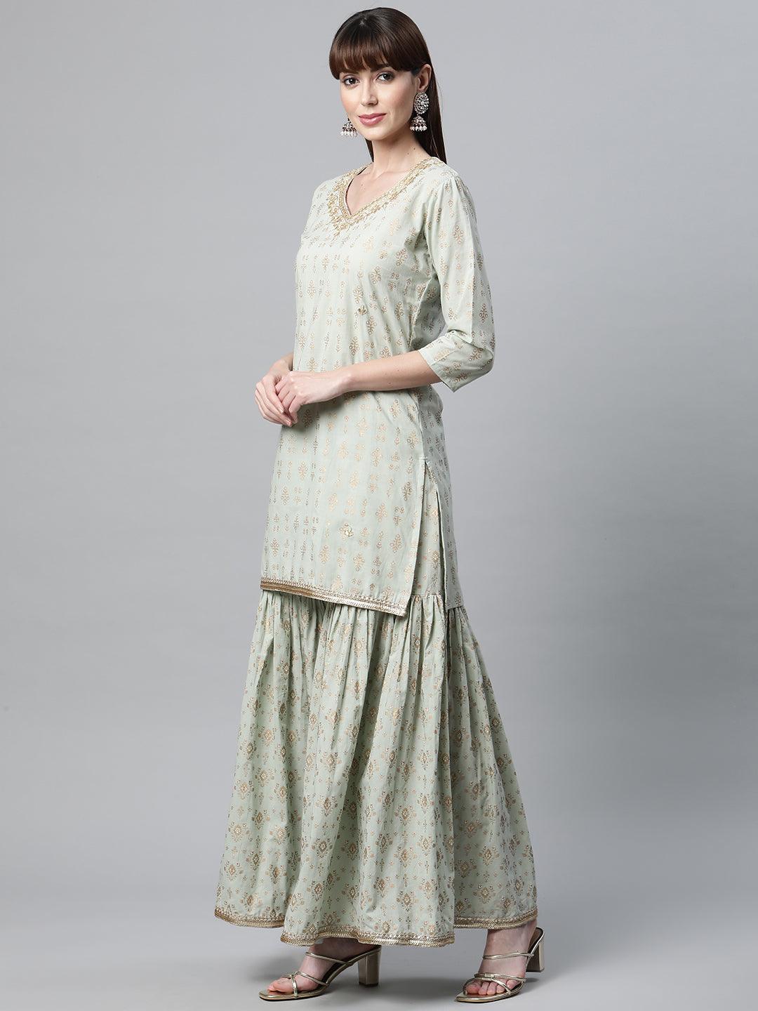 Jamal Jamaloo Sea Green Golden Printed Kurta Sharara set with Dupatta - Jamal Jamaloo