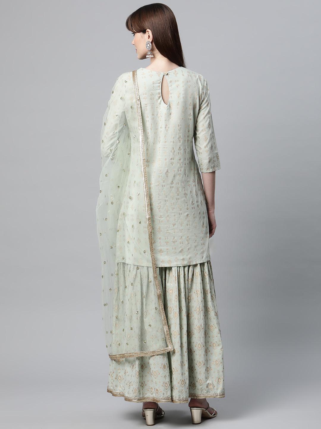 Jamal Jamaloo Sea Green Golden Printed Kurta Sharara set with Dupatta - Jamal Jamaloo