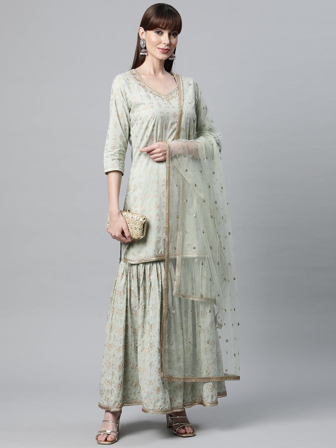Jamal Jamaloo Sea Green Golden Printed Kurta Sharara set with Dupatta - Jamal Jamaloo