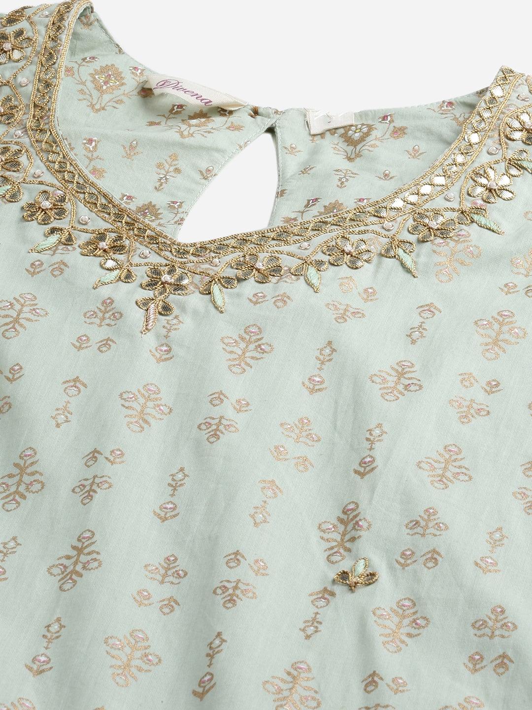 Jamal Jamaloo Sea Green Golden Printed Kurta Sharara set with Dupatta - Jamal Jamaloo