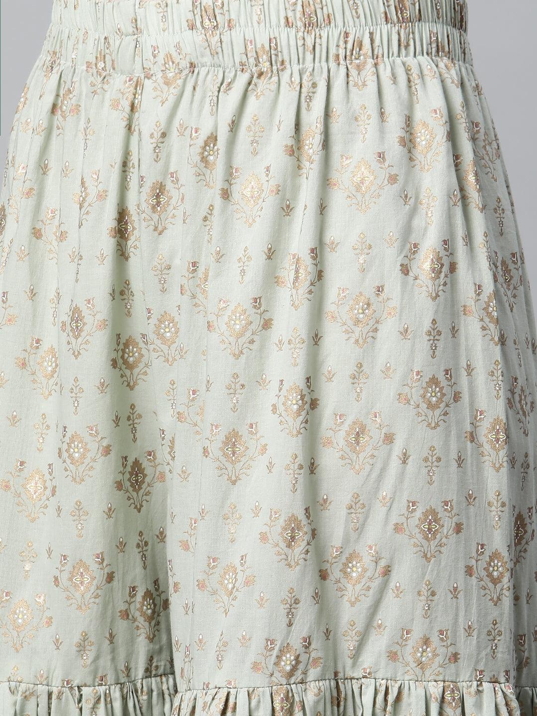 Jamal Jamaloo Sea Green Golden Printed Kurta Sharara set with Dupatta - Jamal Jamaloo