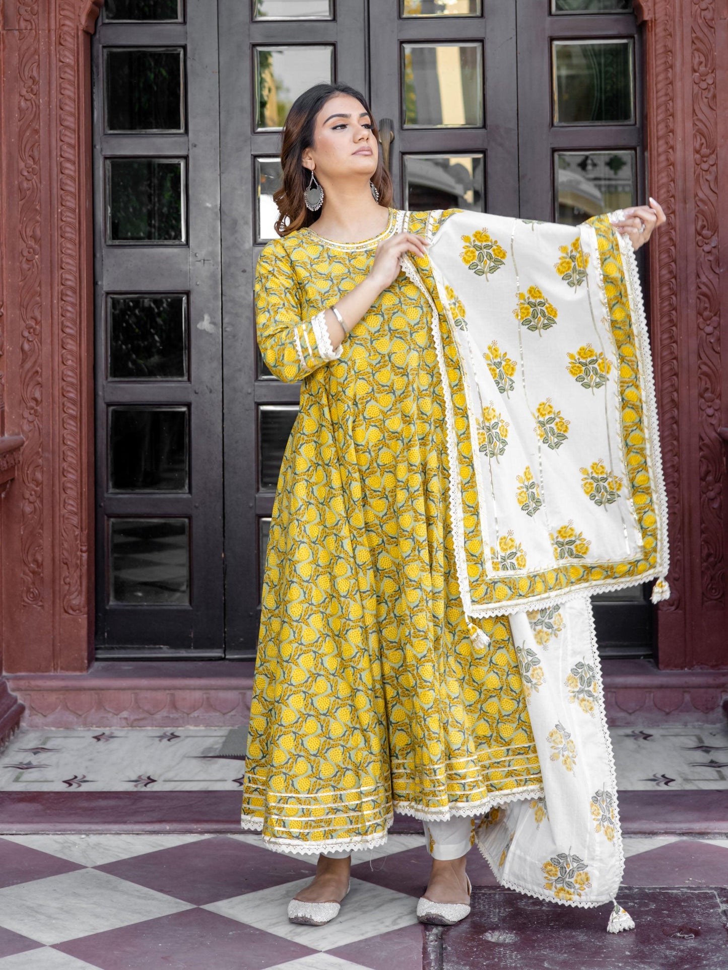 Jamal Jamaloo Mustard Cotton Anarkali Kurta Pant Set With Dupatta - Jamal Jamaloo