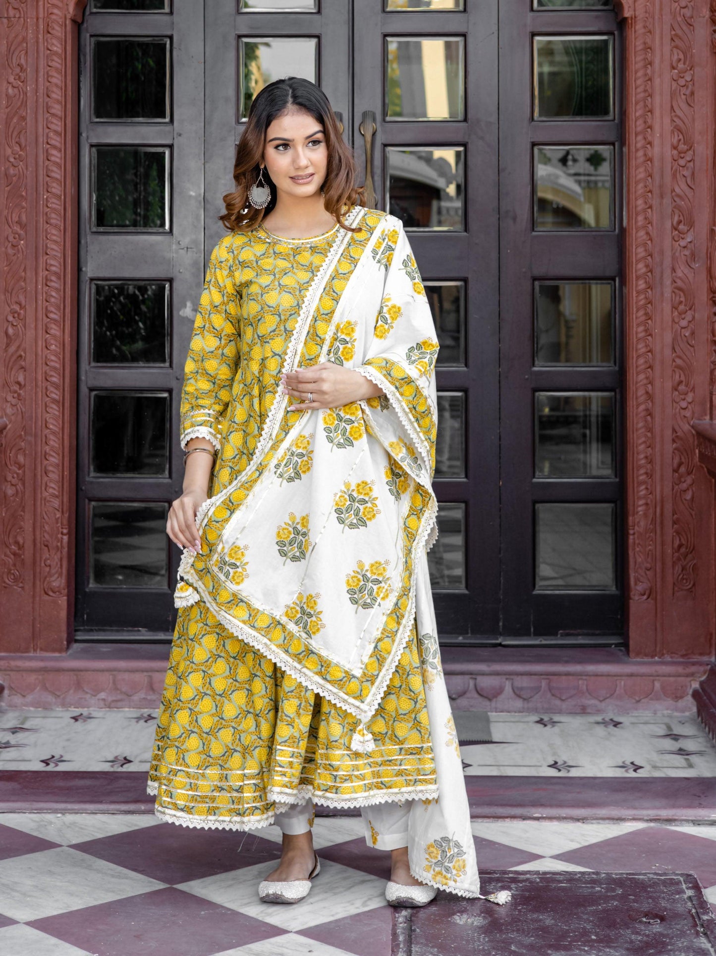 Jamal Jamaloo Mustard Cotton Anarkali Kurta Pant Set With Dupatta - Jamal Jamaloo