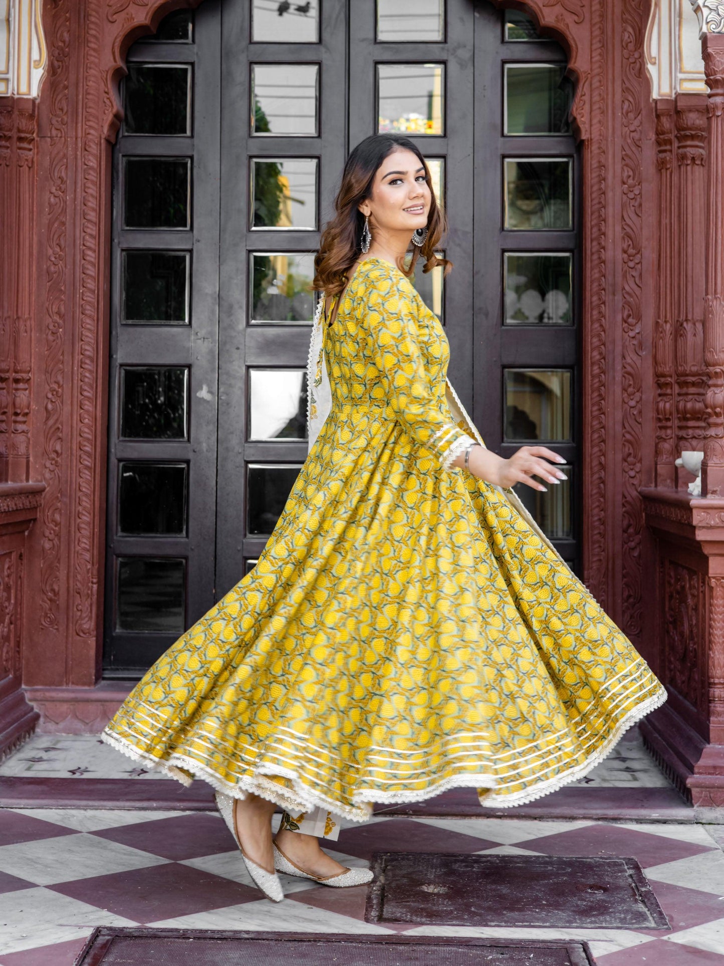 Jamal Jamaloo Mustard Cotton Anarkali Kurta Pant Set With Dupatta - Jamal Jamaloo