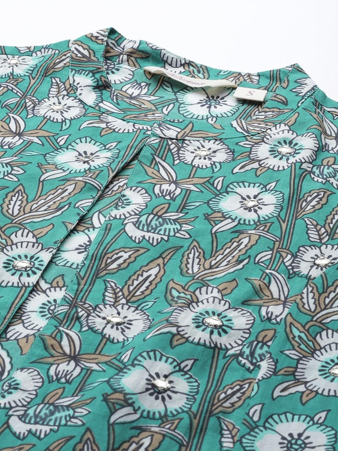 Jamal Jamaloo Green Cotton Floral Printed Three Piece Indowestern Kurta Pant Set with Jacket - Jamal Jamaloo