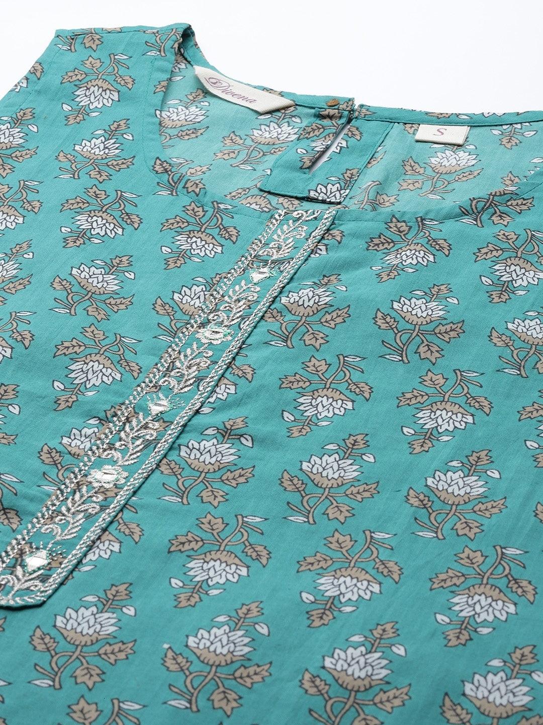 Jamal Jamaloo Green Cotton Floral Printed Three Piece Indowestern Kurta Pant Set with Jacket - Jamal Jamaloo