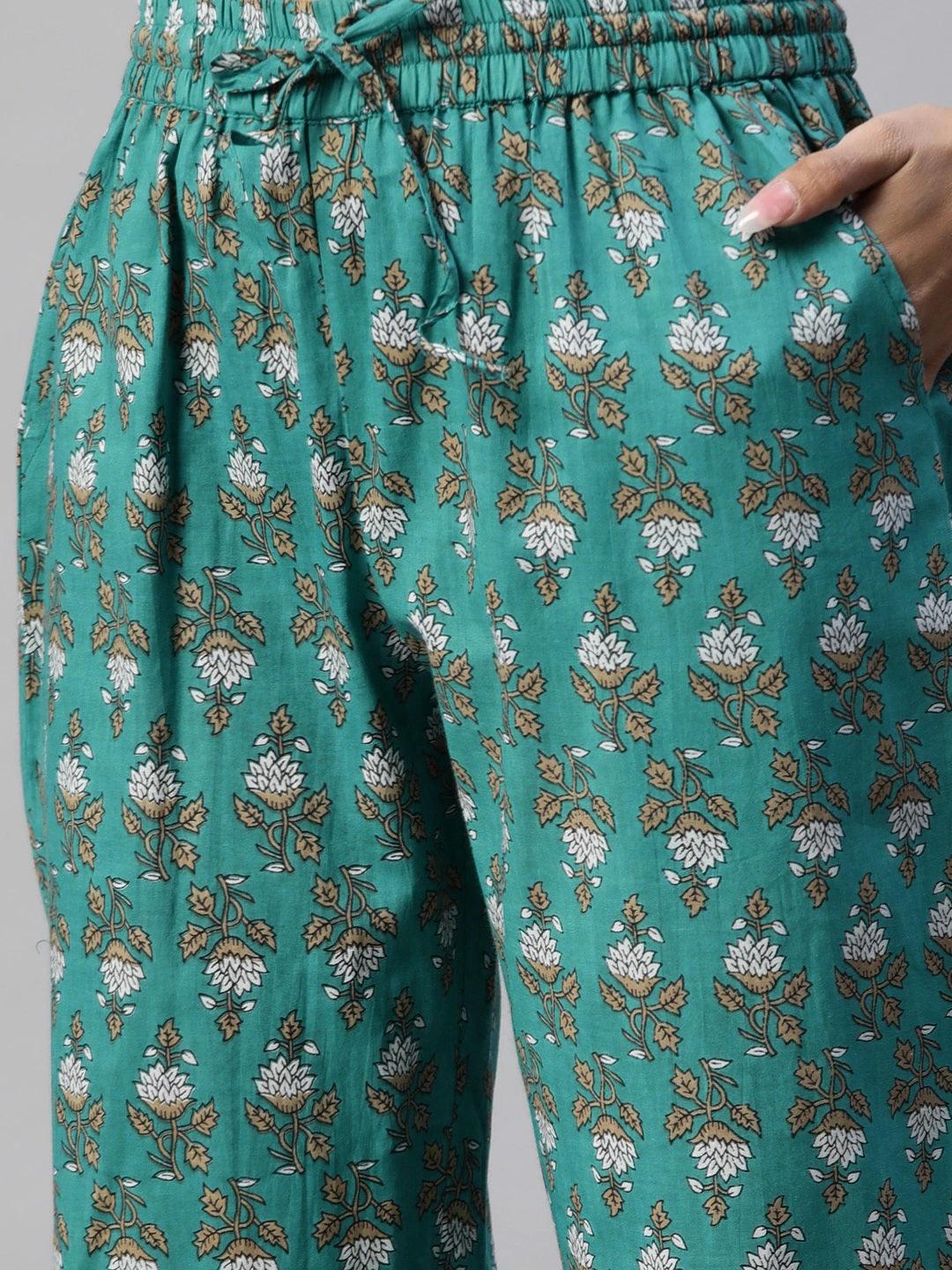 Jamal Jamaloo Green Cotton Floral Printed Three Piece Indowestern Kurta Pant Set with Jacket - Jamal Jamaloo