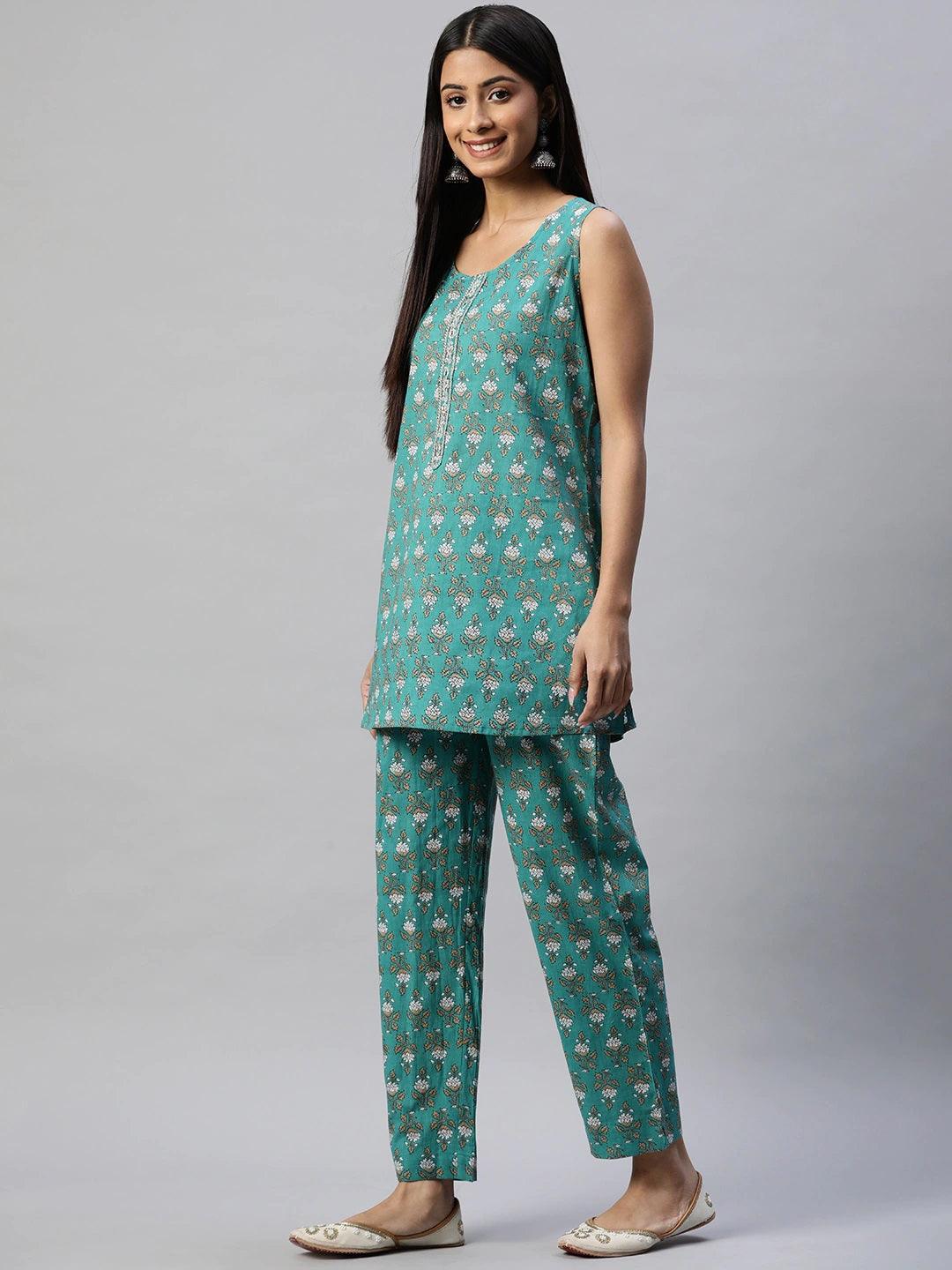 Jamal Jamaloo Green Cotton Floral Printed Three Piece Indowestern Kurta Pant Set with Jacket - Jamal Jamaloo