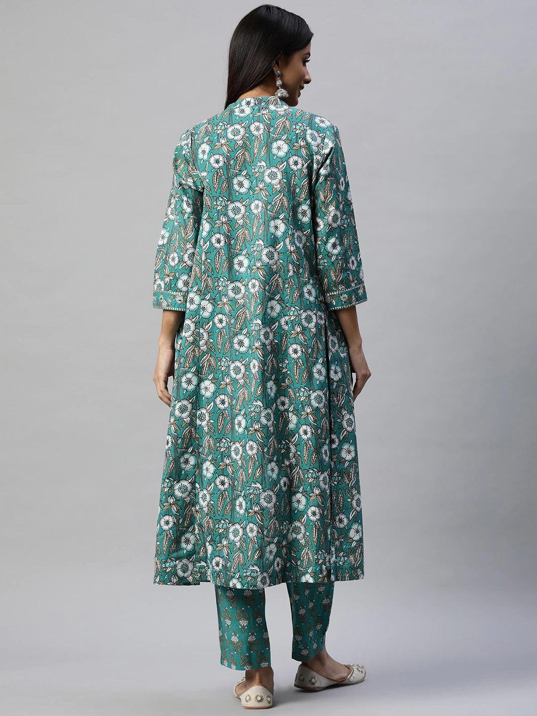 Jamal Jamaloo Green Cotton Floral Printed Three Piece Indowestern Kurta Pant Set with Jacket - Jamal Jamaloo
