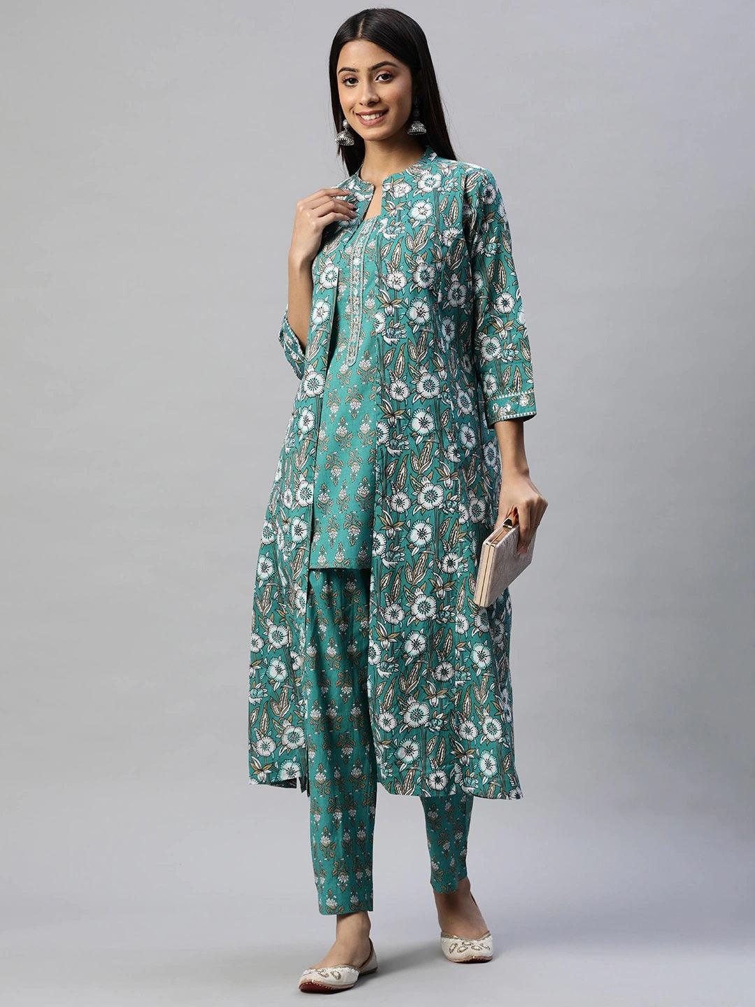 Jamal Jamaloo Green Cotton Floral Printed Three Piece Indowestern Kurta Pant Set with Jacket - Jamal Jamaloo