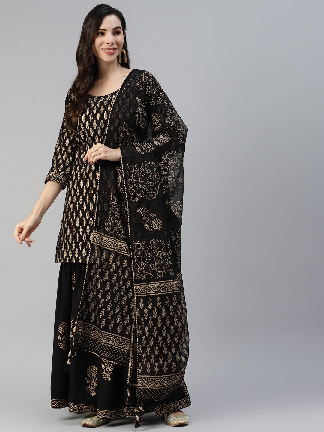 Jamal Jamaloo Black Gold Printed Cotton Kurta Sharara Set with Dupatta - Jamal Jamaloo
