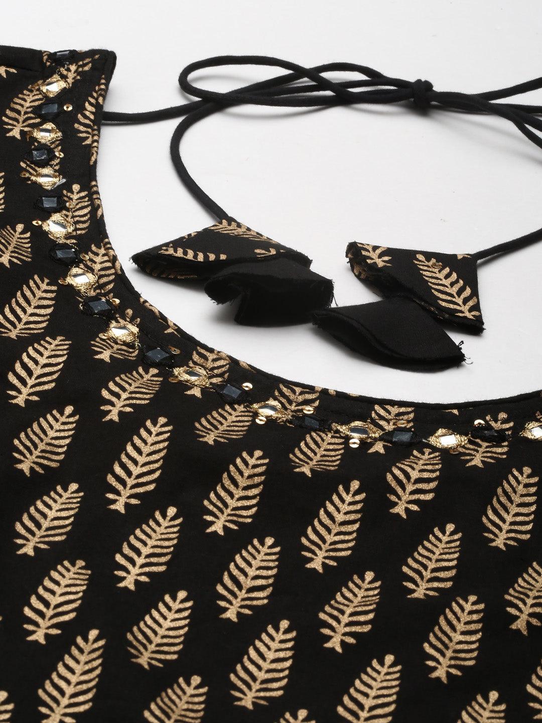 Jamal Jamaloo Black Gold Printed Cotton Kurta Sharara Set with Dupatta - Jamal Jamaloo