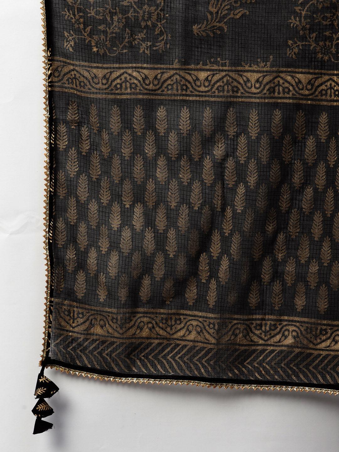Jamal Jamaloo Black Gold Printed Cotton Kurta Sharara Set with Dupatta - Jamal Jamaloo