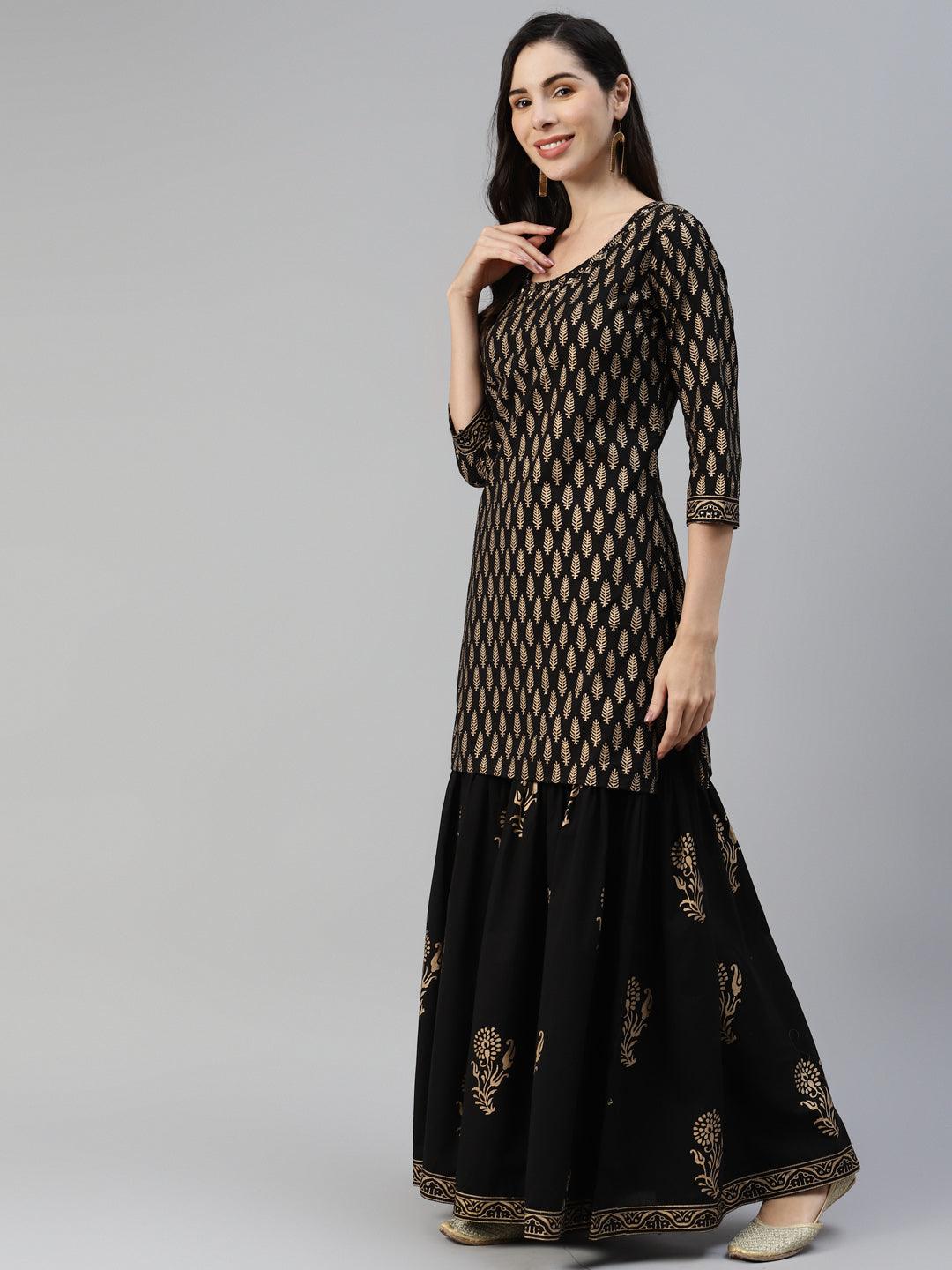 Jamal Jamaloo Black Gold Printed Cotton Kurta Sharara Set with Dupatta - Jamal Jamaloo