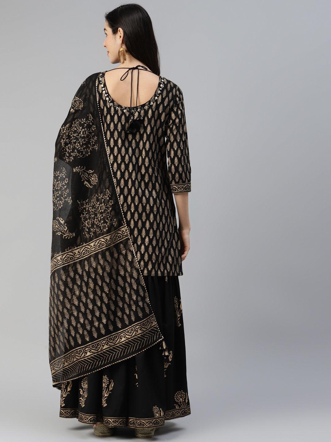 Jamal Jamaloo Black Gold Printed Cotton Kurta Sharara Set with Dupatta - Jamal Jamaloo