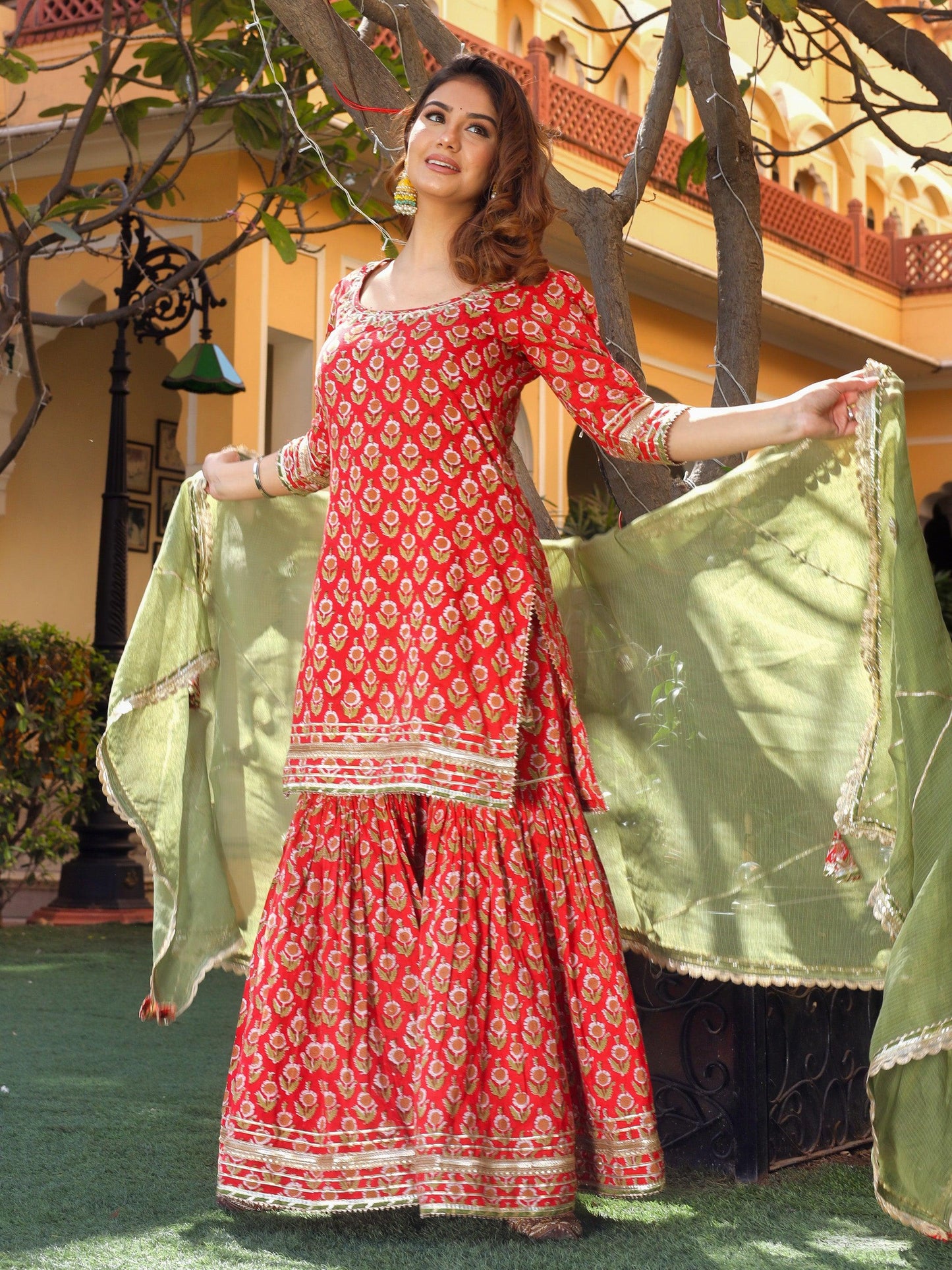 Jamal Jamaloo Red Cotton Dabu Printed Kurta Sharara Set with Kota Doria Dupatta - Jamal Jamalooworld.com